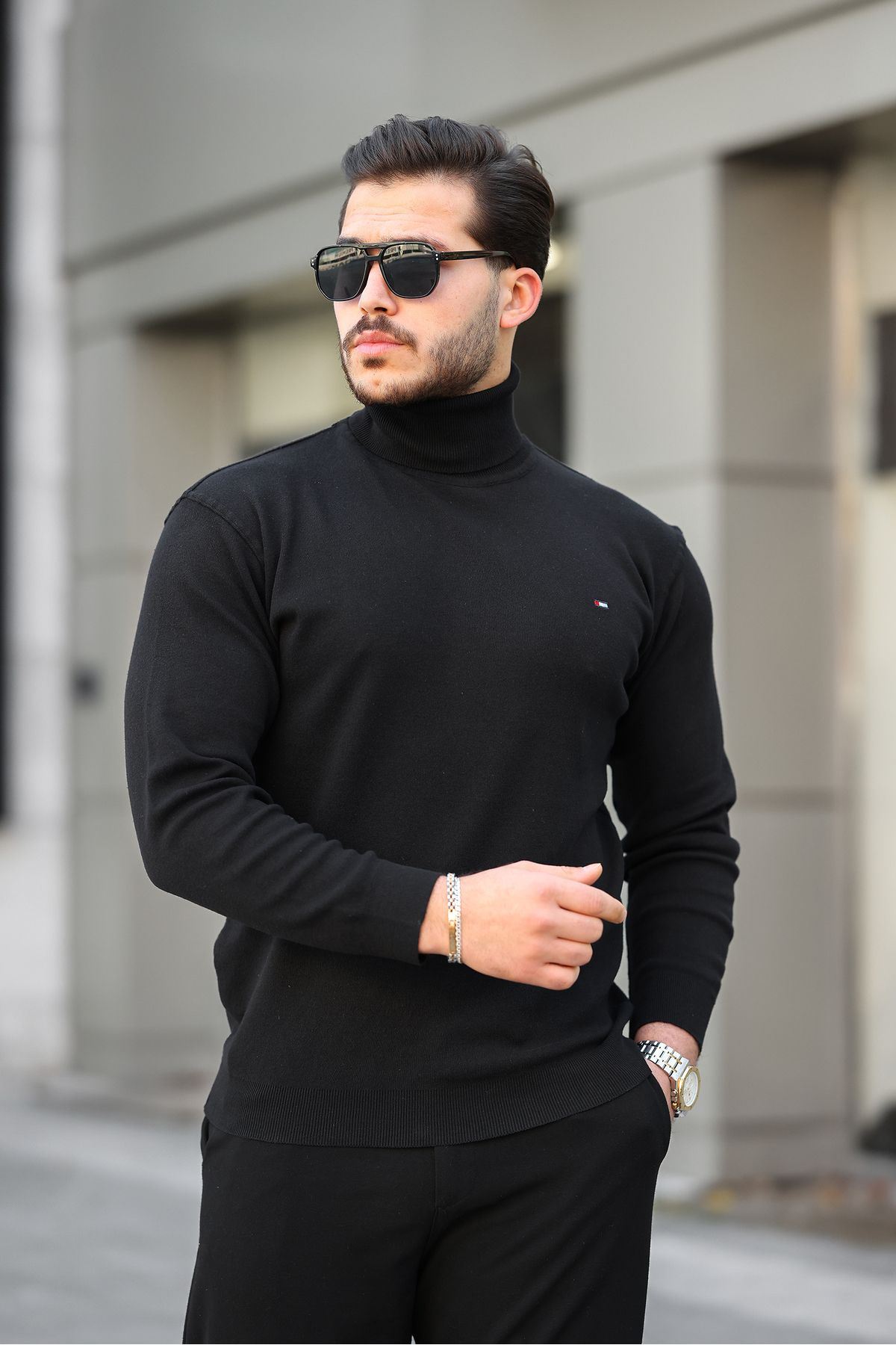 Erkek Trend Balıkçı Yaka Boğazlı Siyah Triko Kazak