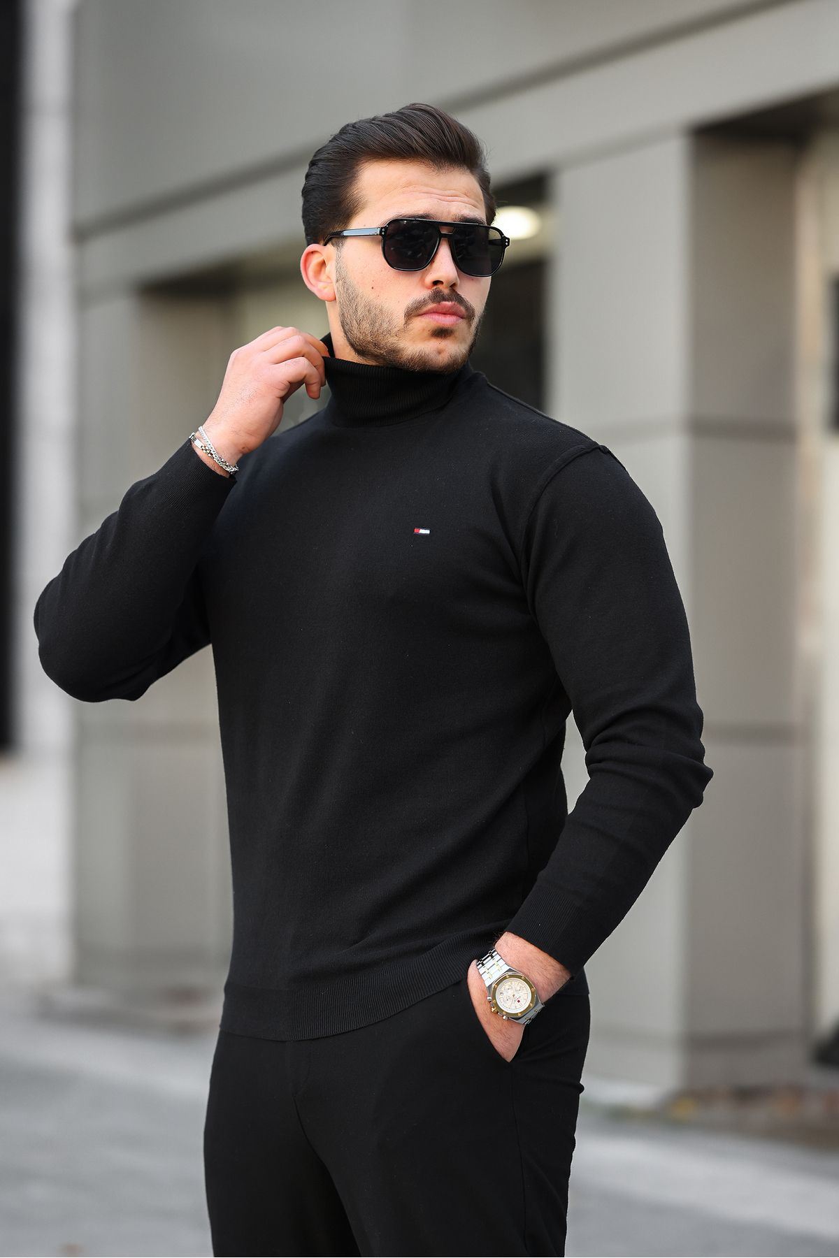 Erkek Trend Balıkçı Yaka Boğazlı Siyah Triko Kazak