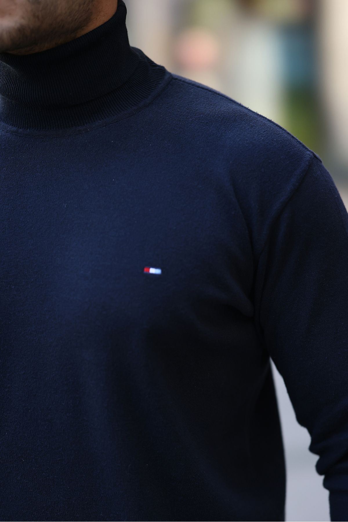 Erkek Trend Balıkçı Yaka Boğazlı Lacivert Triko Kazak