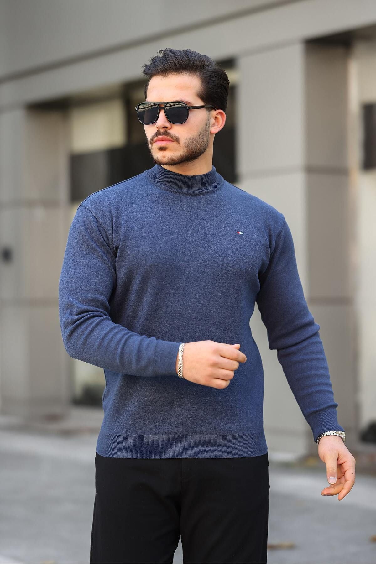 Erkek Yarım Balıkçı Yaka Pamuklu Lacivert Triko Kazak