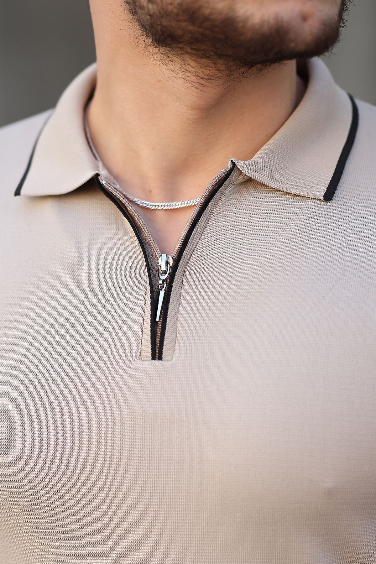 Fermuar Yaka Çizgi Detaylı Erkek Kazak