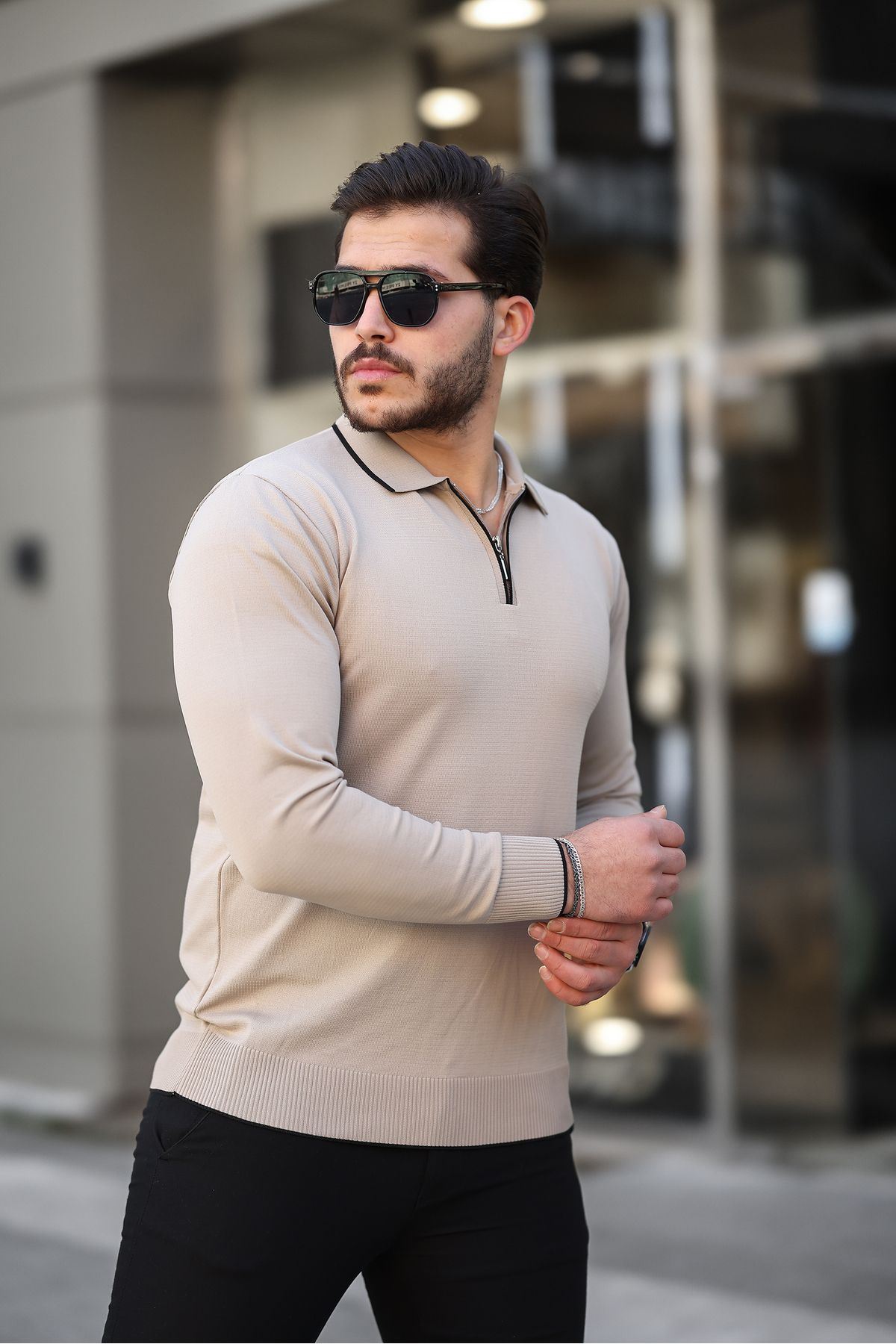 Fermuar Yaka Çizgi Detaylı Erkek Kazak