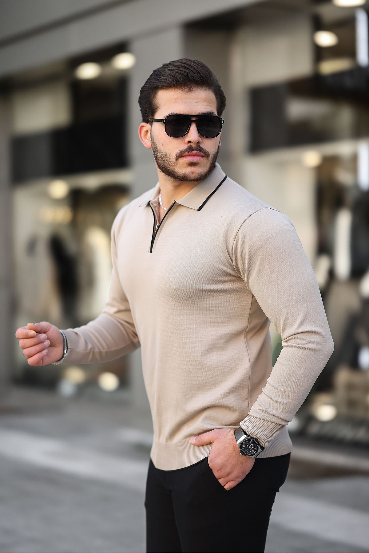 Fermuar Yaka Çizgi Detaylı Erkek Kazak