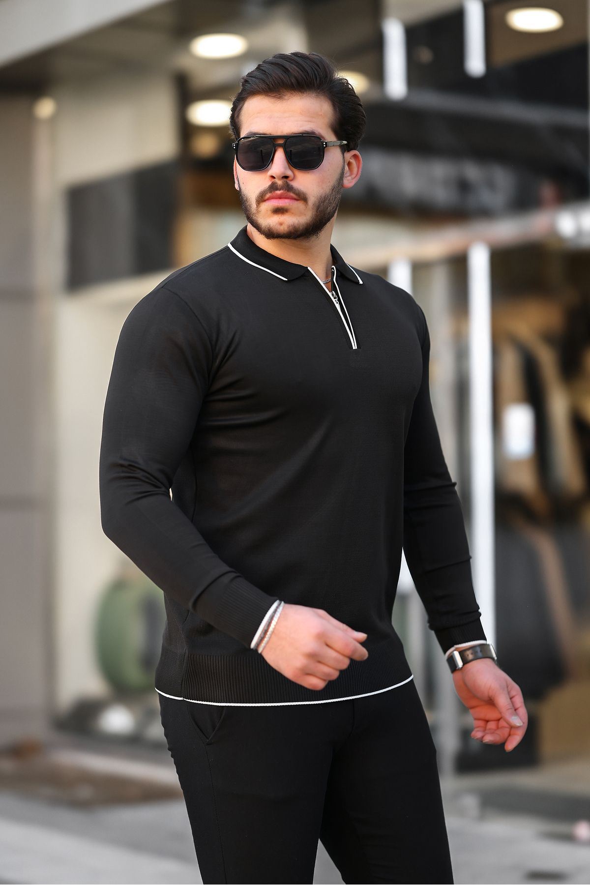 Fermuar Yaka Çizgi Detaylı Erkek Kazak