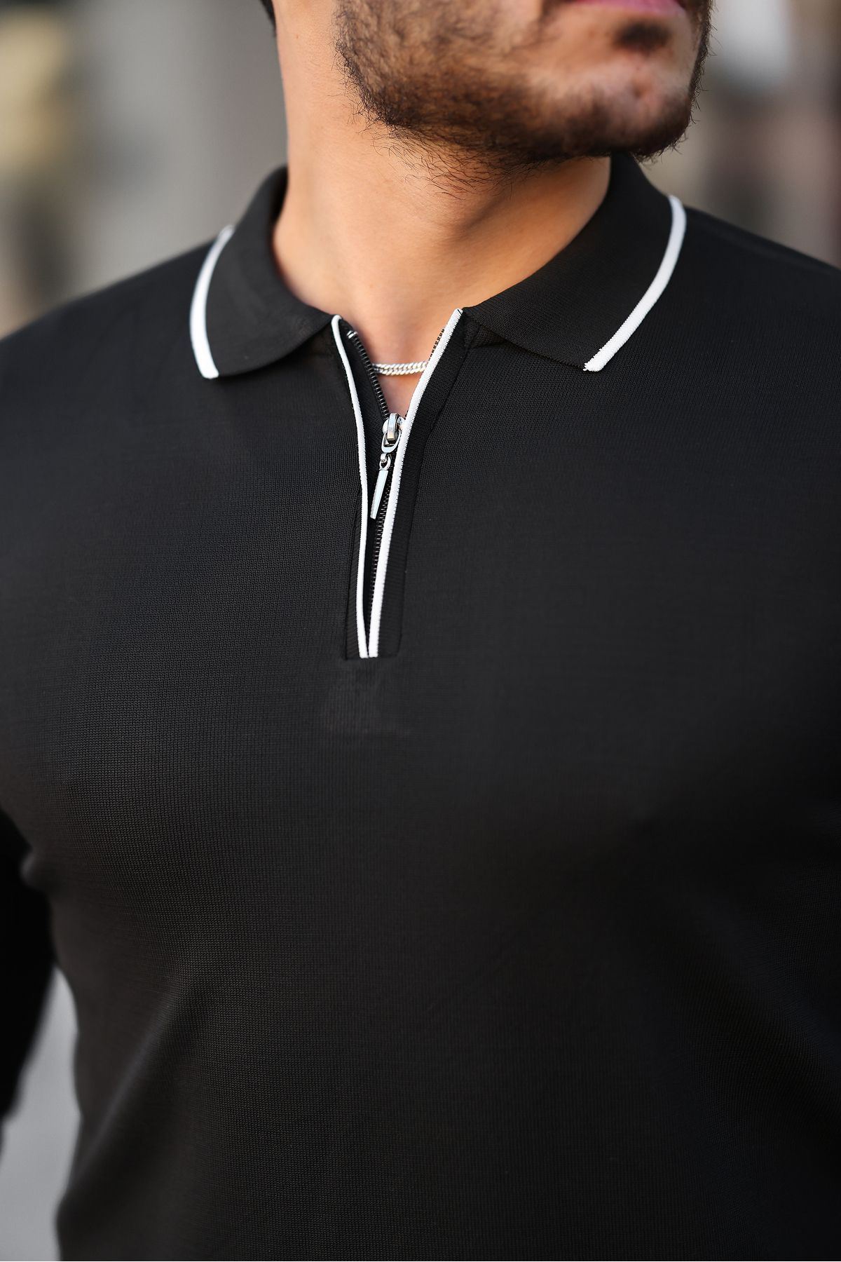 Fermuar Yaka Çizgi Detaylı Erkek Kazak