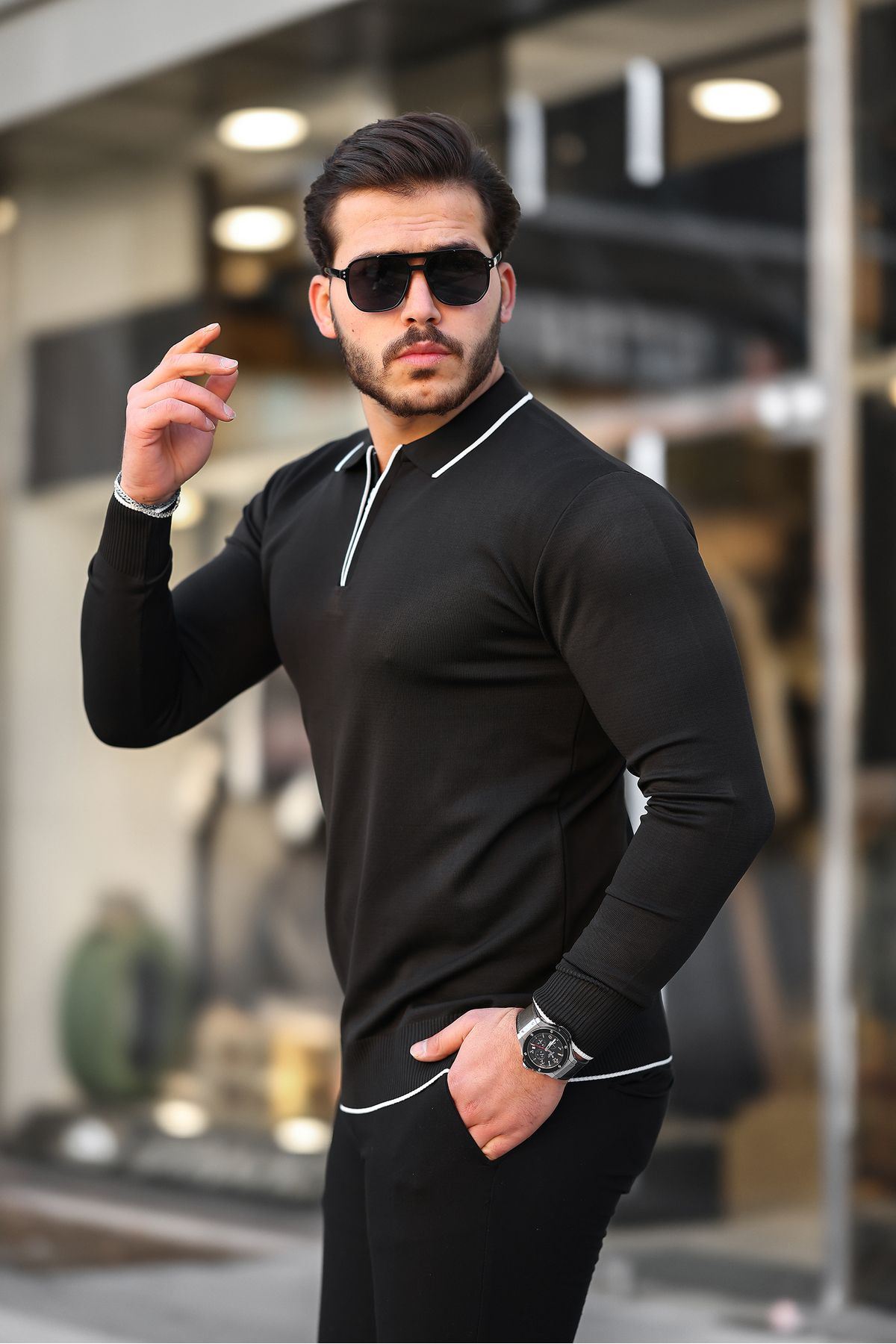 Fermuar Yaka Çizgi Detaylı Erkek Kazak