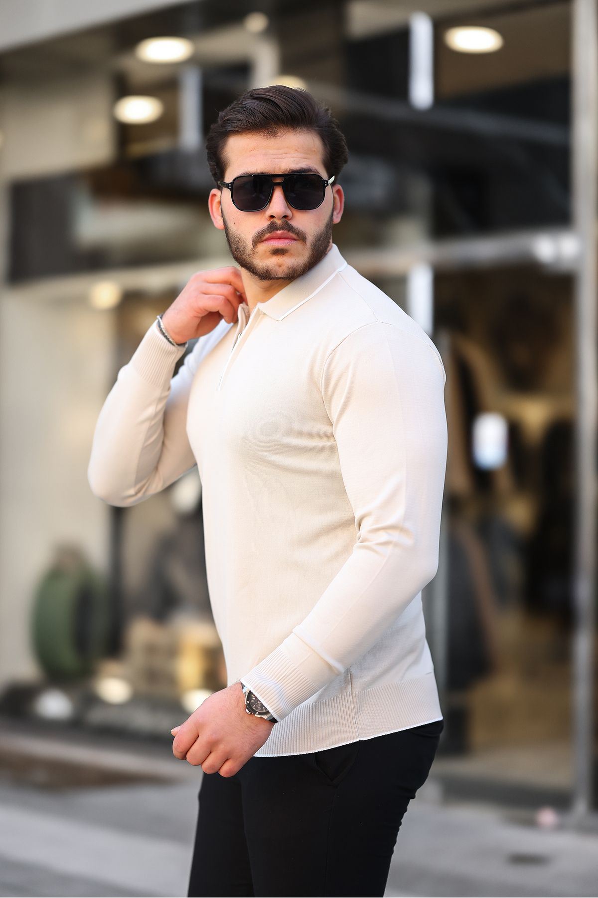 Fermuar Yaka Çizgi Detaylı Erkek Kazak