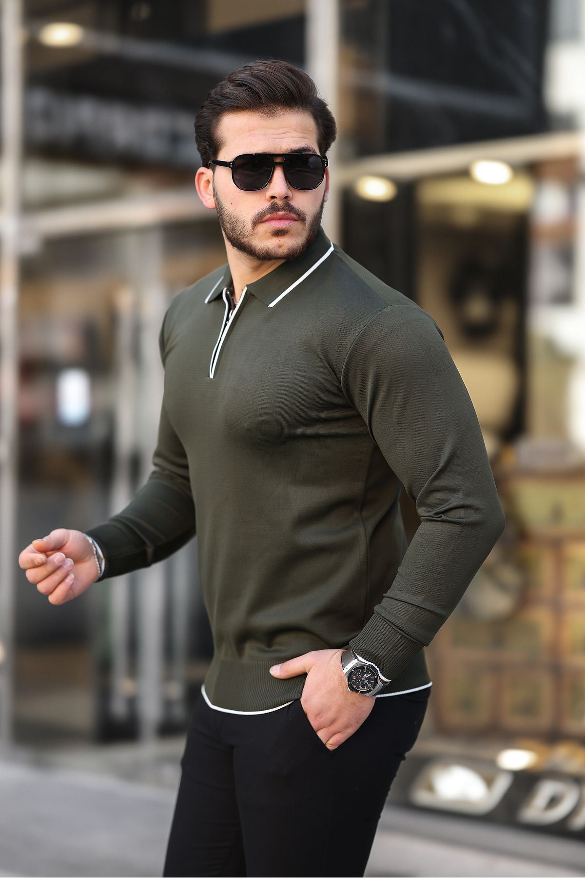 Fermuar Yaka Çizgi Detaylı Erkek Kazak