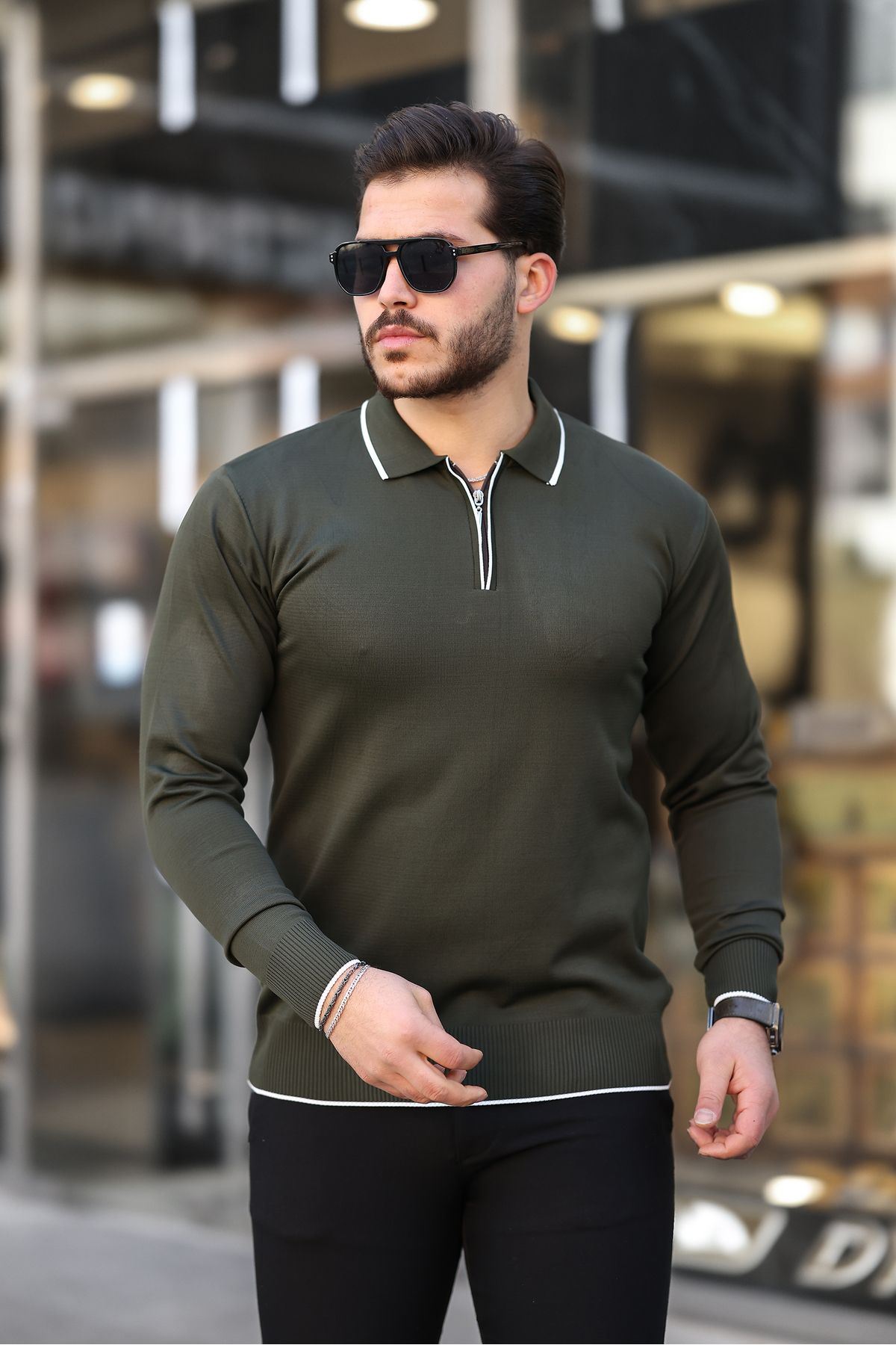 Fermuar Yaka Çizgi Detaylı Erkek Kazak