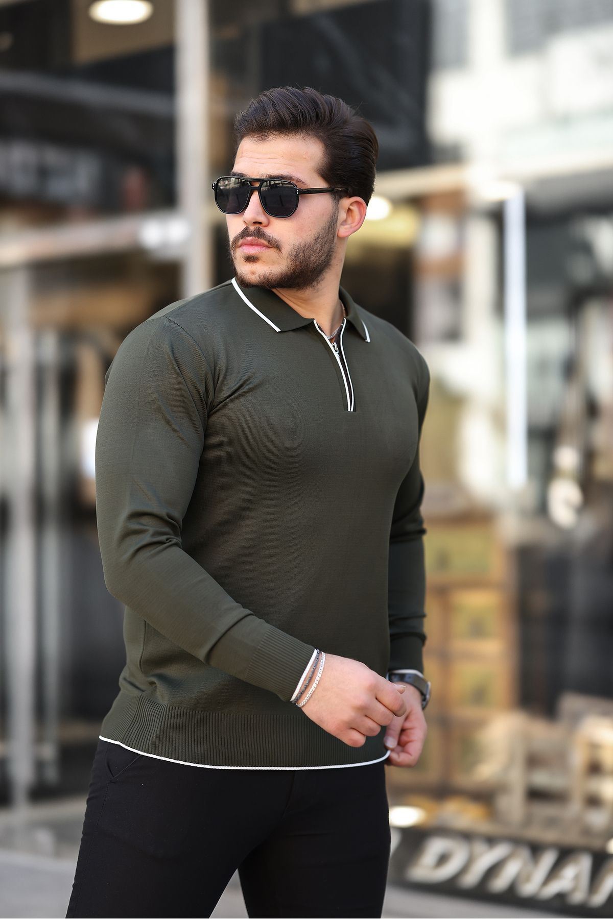 Fermuar Yaka Çizgi Detaylı Erkek Kazak