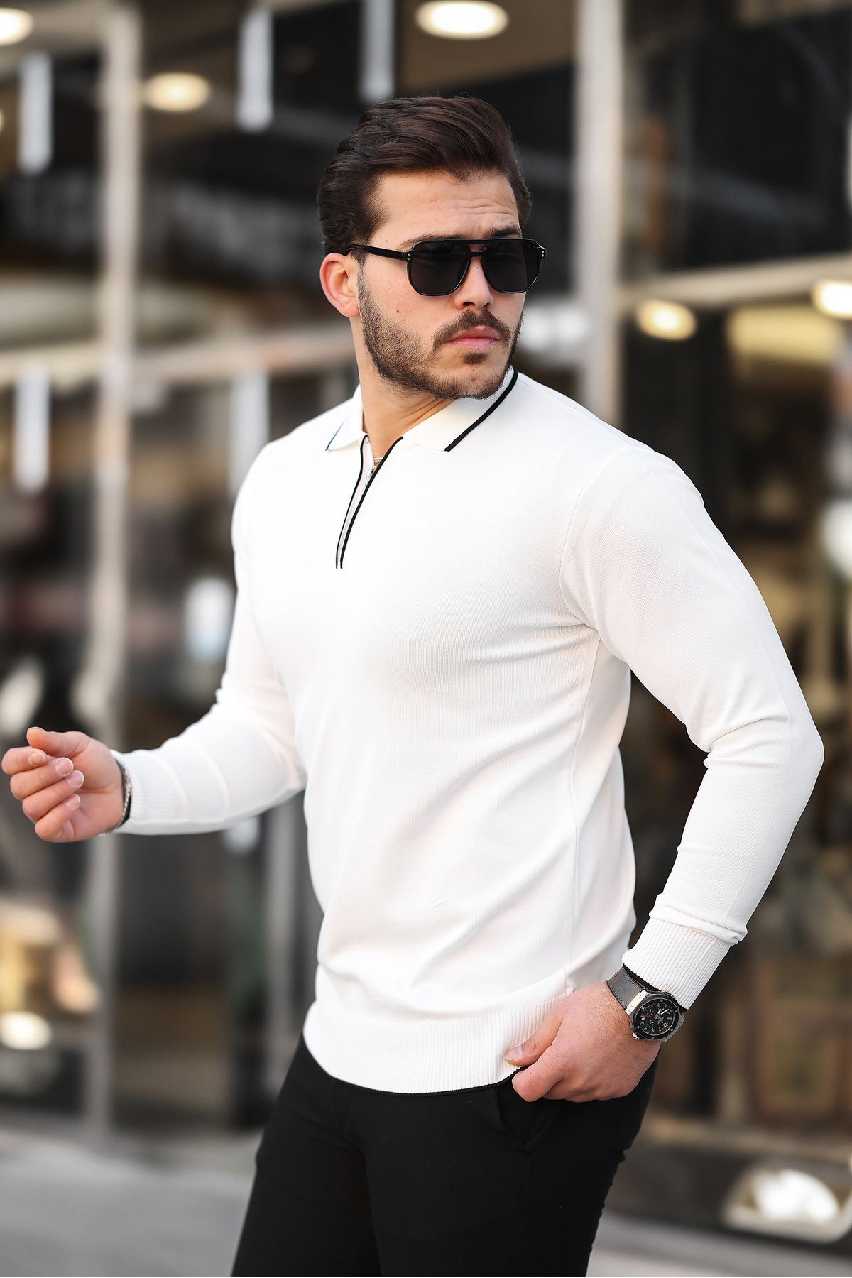 Fermuar Yaka Çizgi Detaylı Erkek Kazak