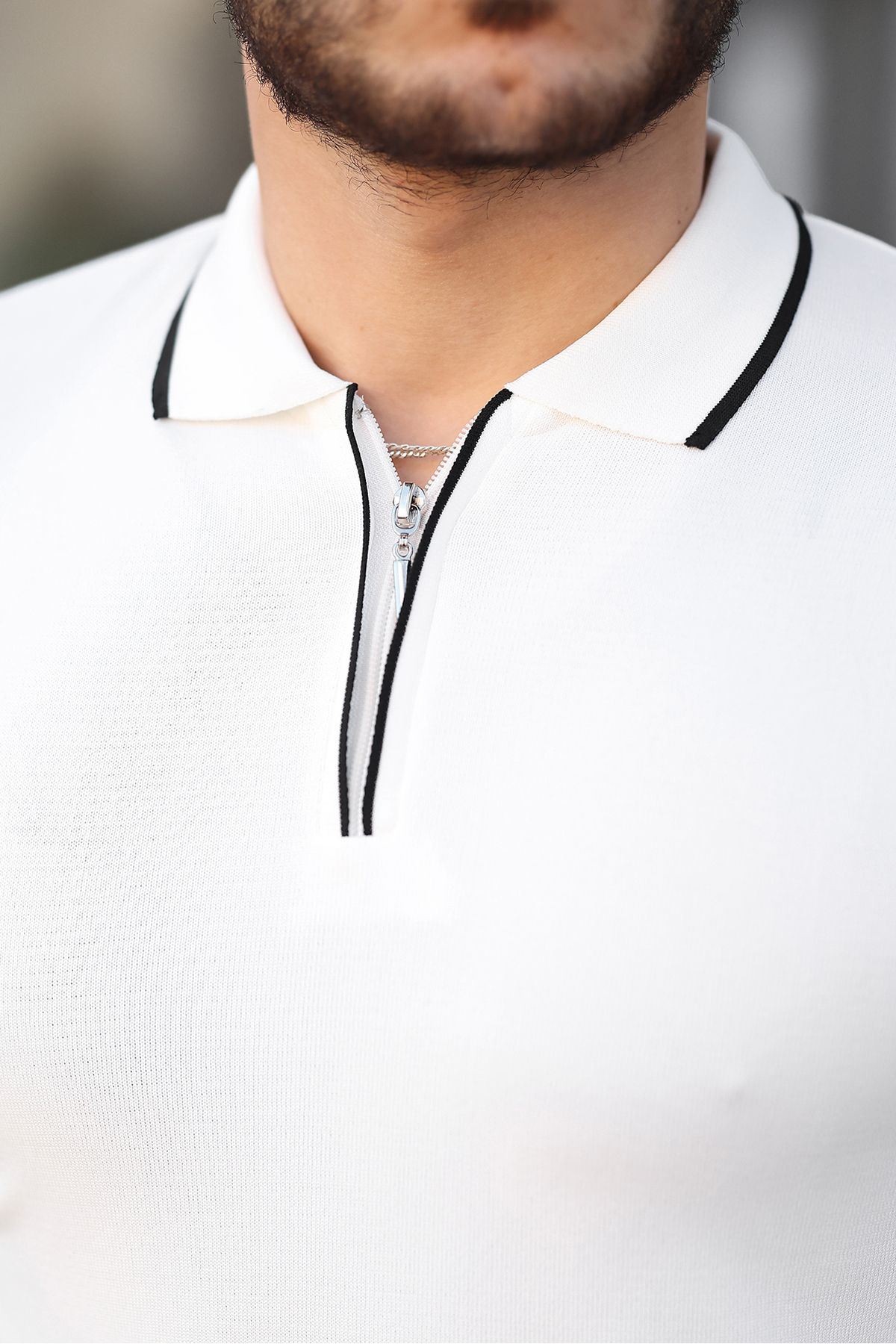 Fermuar Yaka Çizgi Detaylı Erkek Kazak