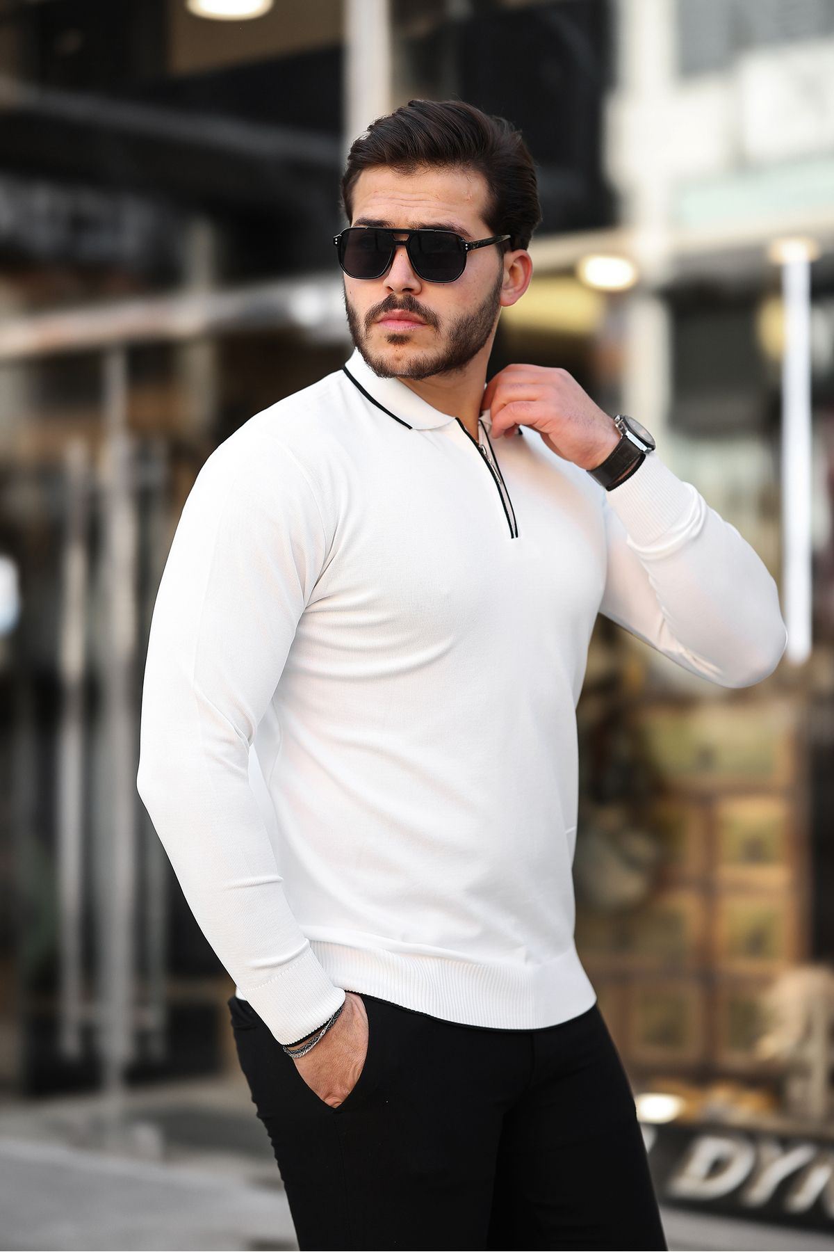 Fermuar Yaka Çizgi Detaylı Erkek Kazak