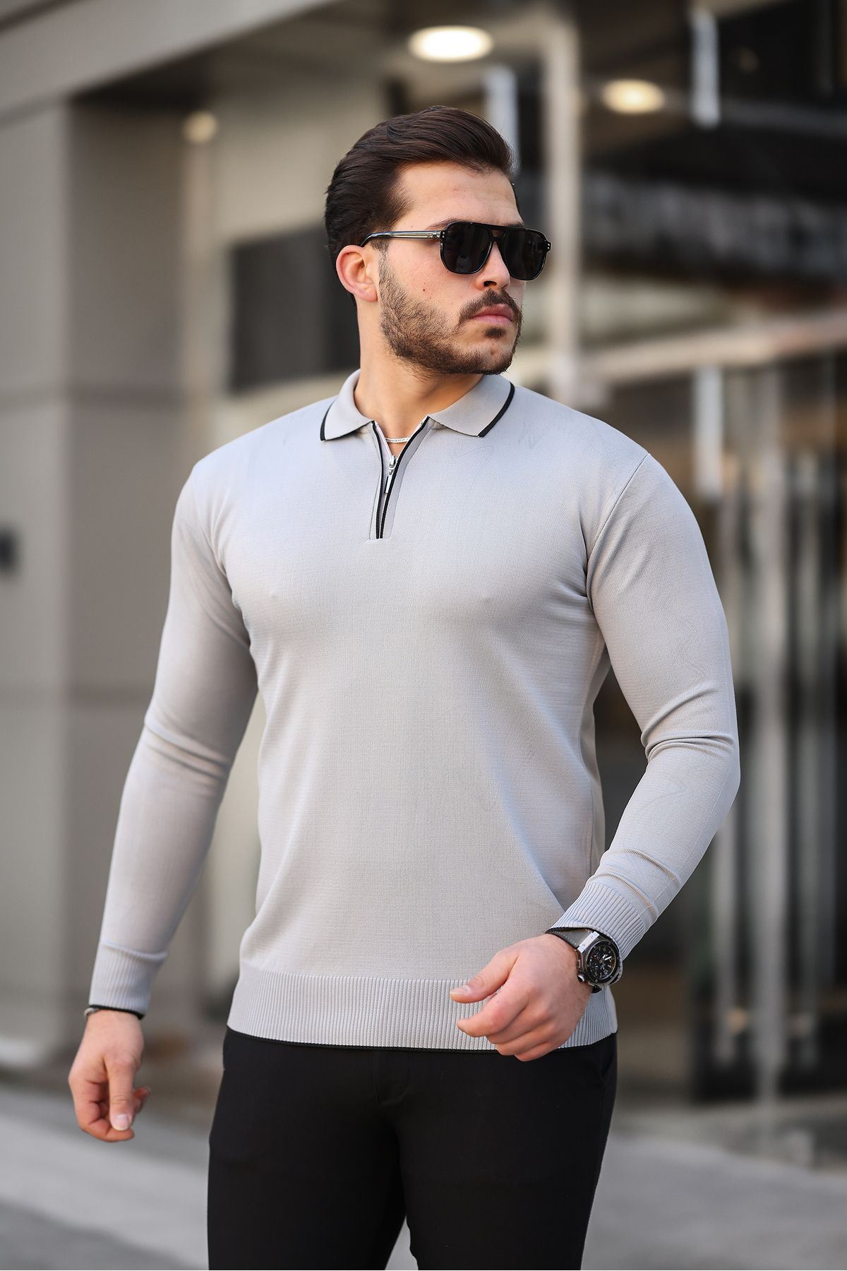 Fermuar Yaka Çizgi Detaylı Erkek Kazak