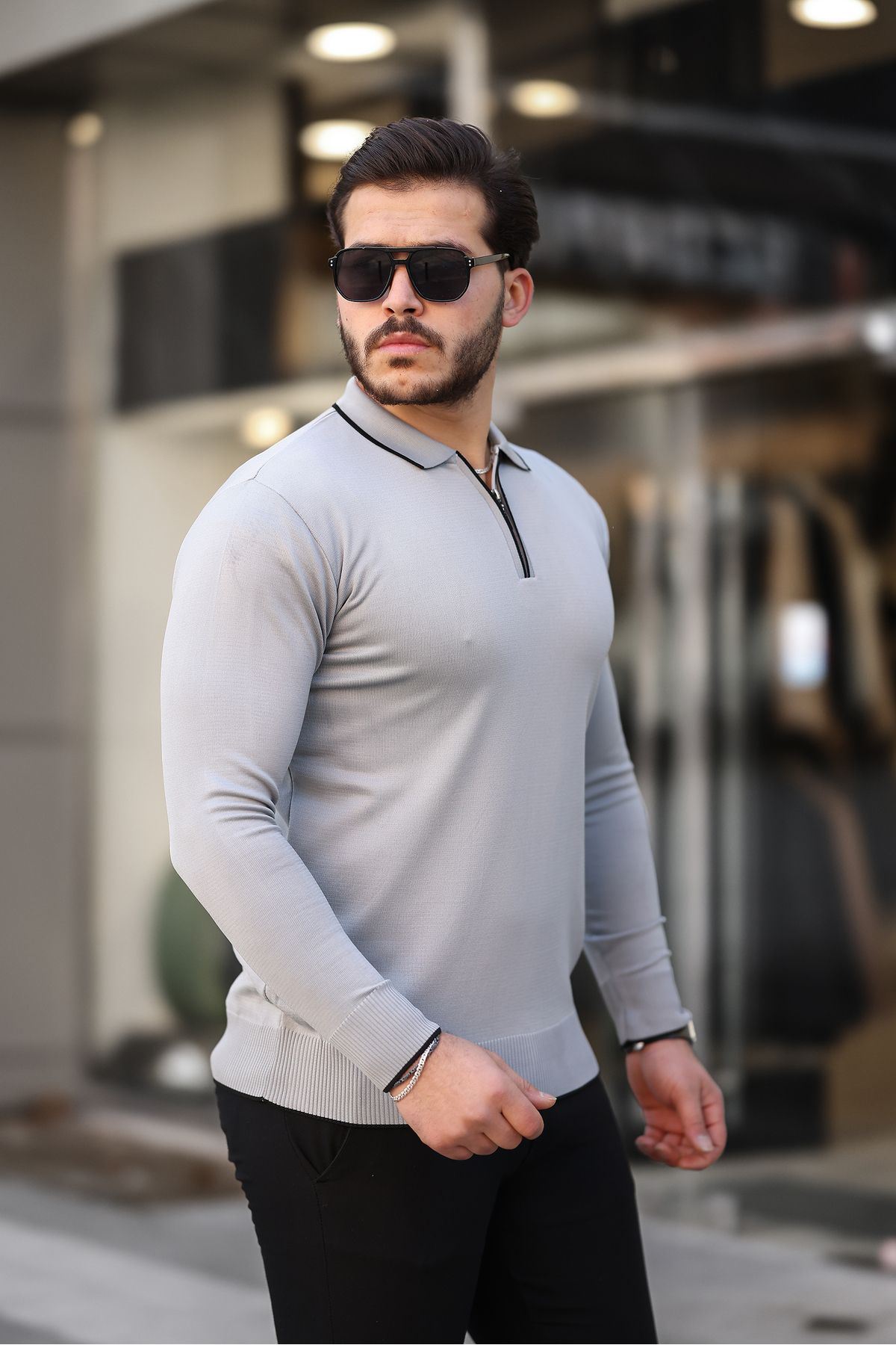 Fermuar Yaka Çizgi Detaylı Erkek Kazak