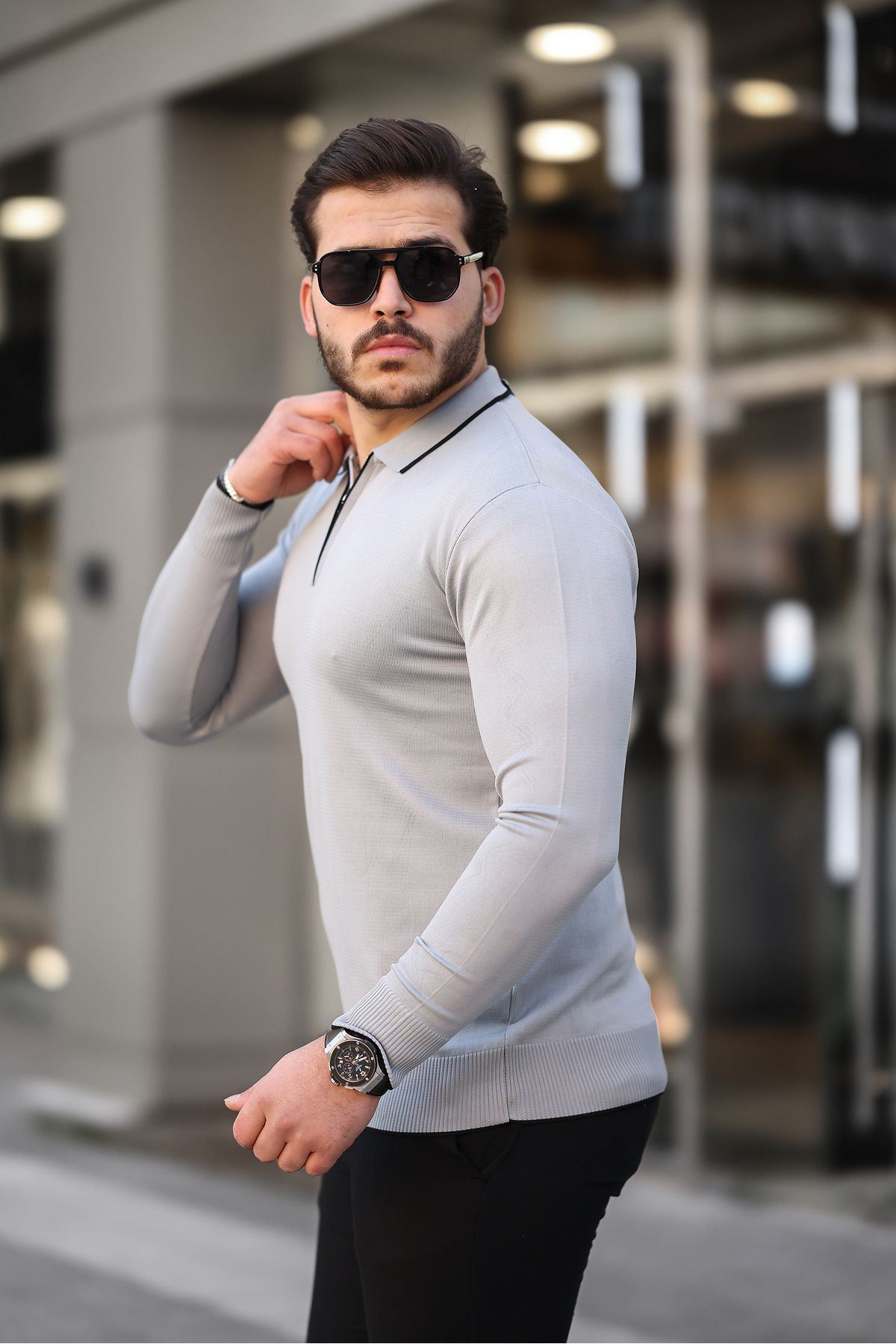 Fermuar Yaka Çizgi Detaylı Erkek Kazak