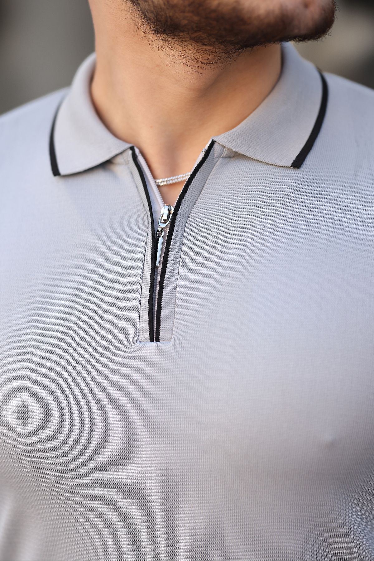 Fermuar Yaka Çizgi Detaylı Erkek Kazak