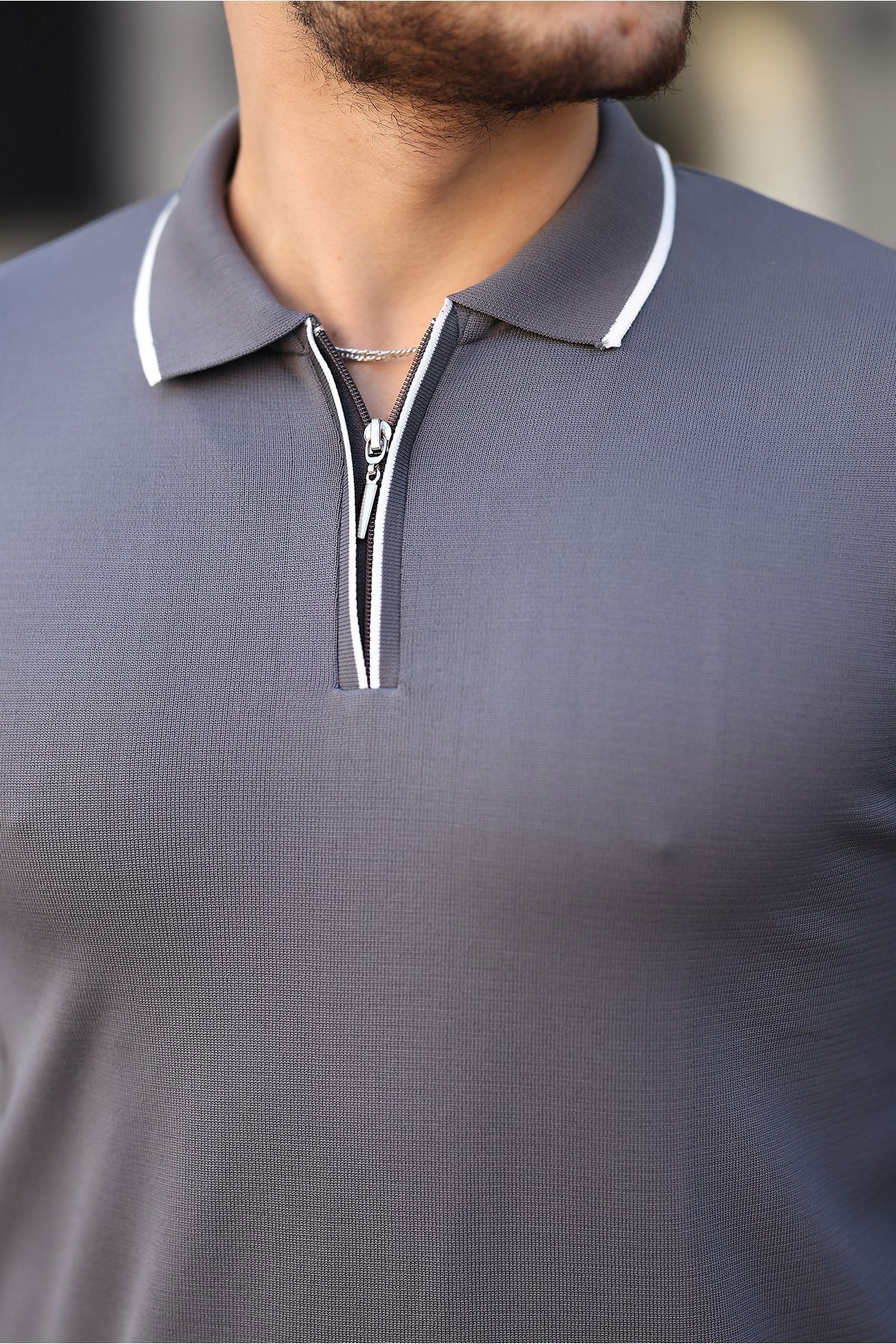 Fermuar Yaka Çizgi Detaylı Erkek Kazak