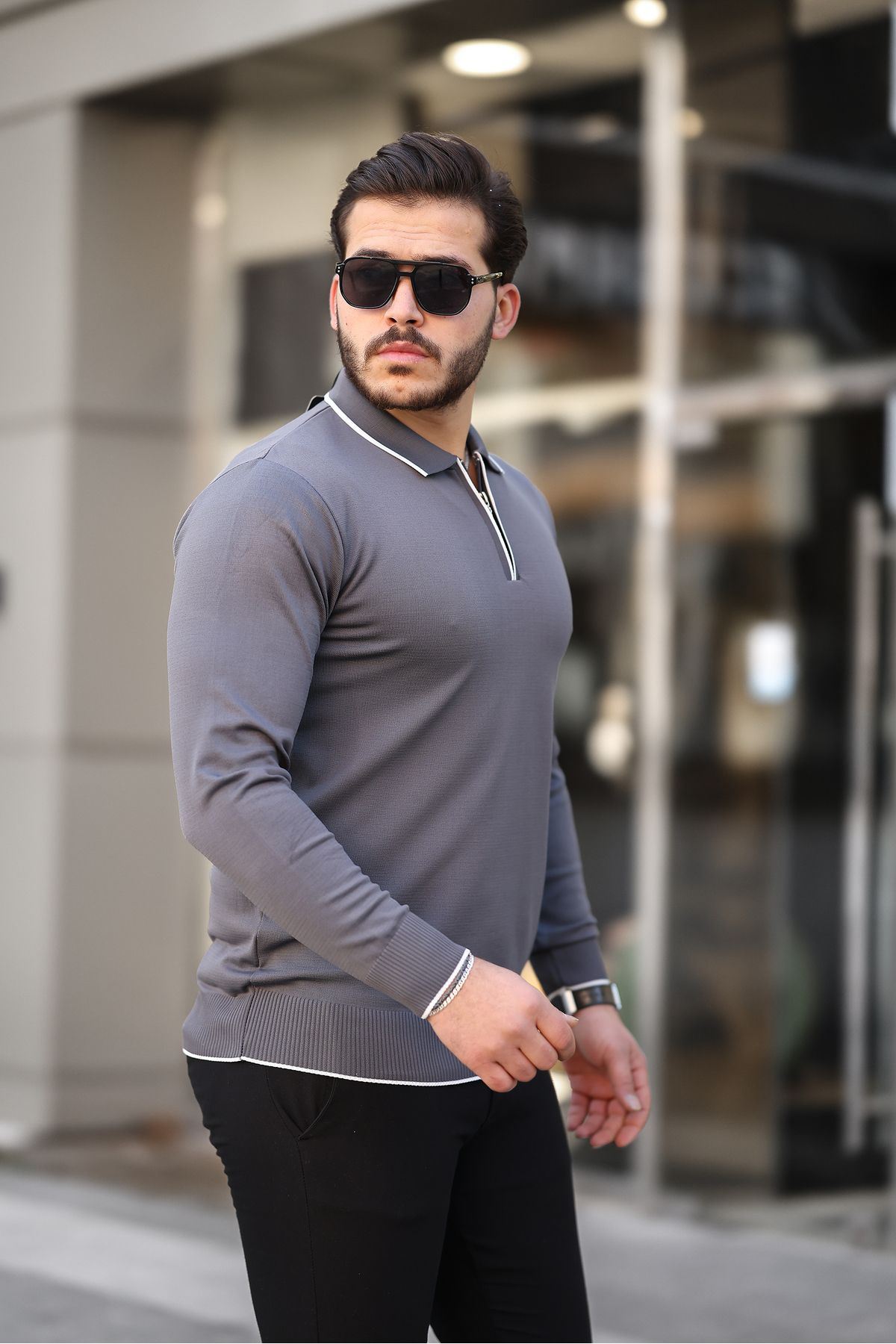 Fermuar Yaka Çizgi Detaylı Erkek Kazak