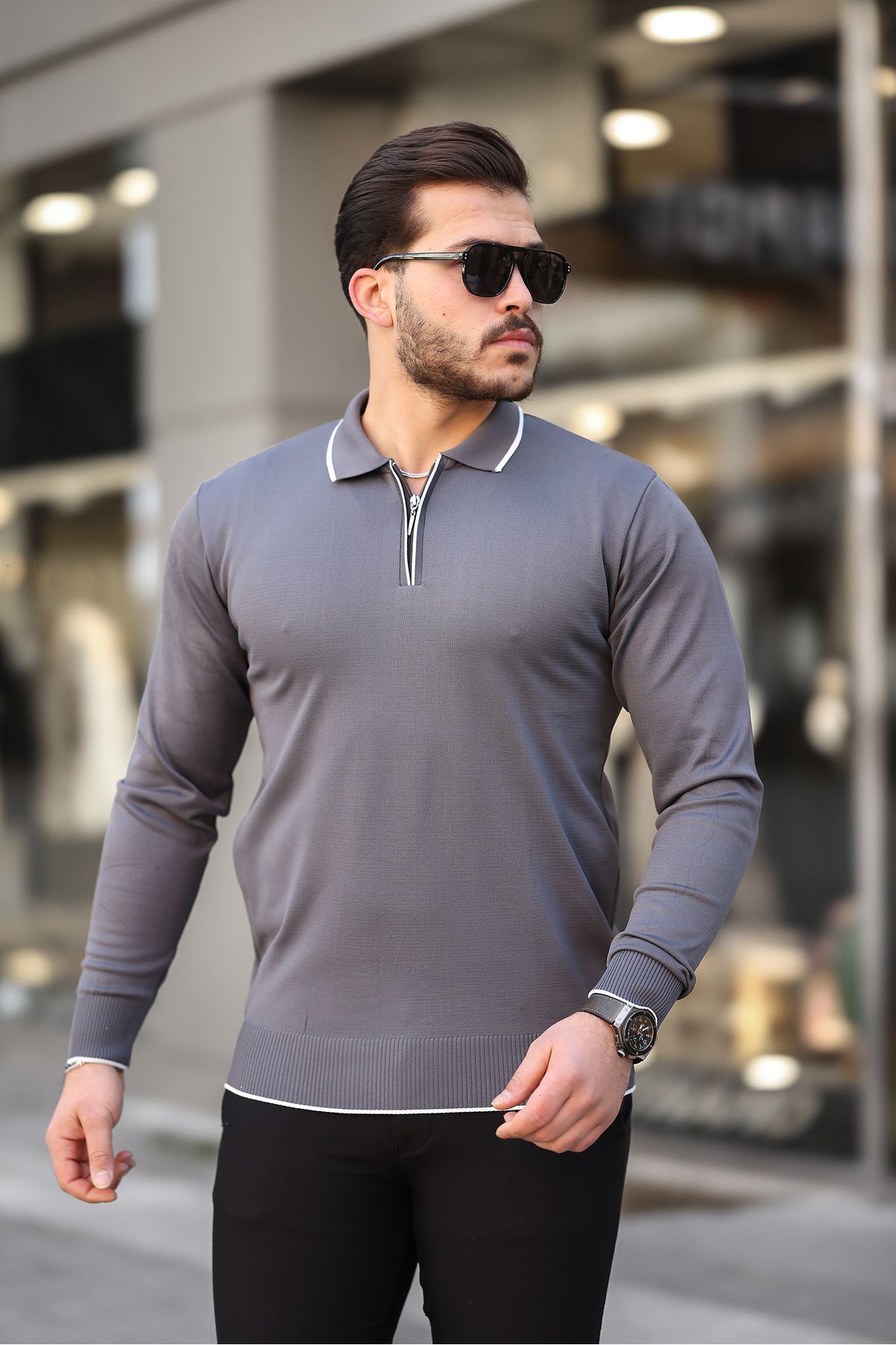 Fermuar Yaka Çizgi Detaylı Erkek Kazak