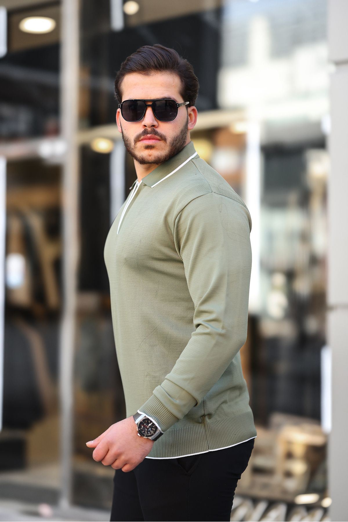 Fermuar Yaka Çizgi Detaylı Erkek Kazak