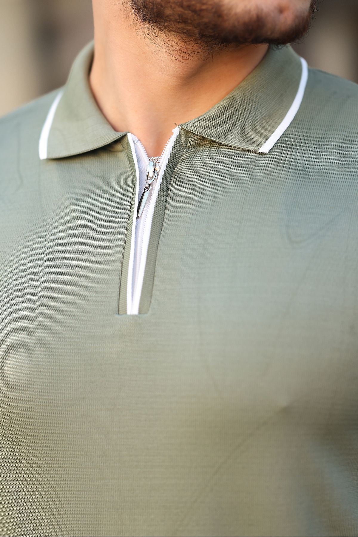 Fermuar Yaka Çizgi Detaylı Erkek Kazak