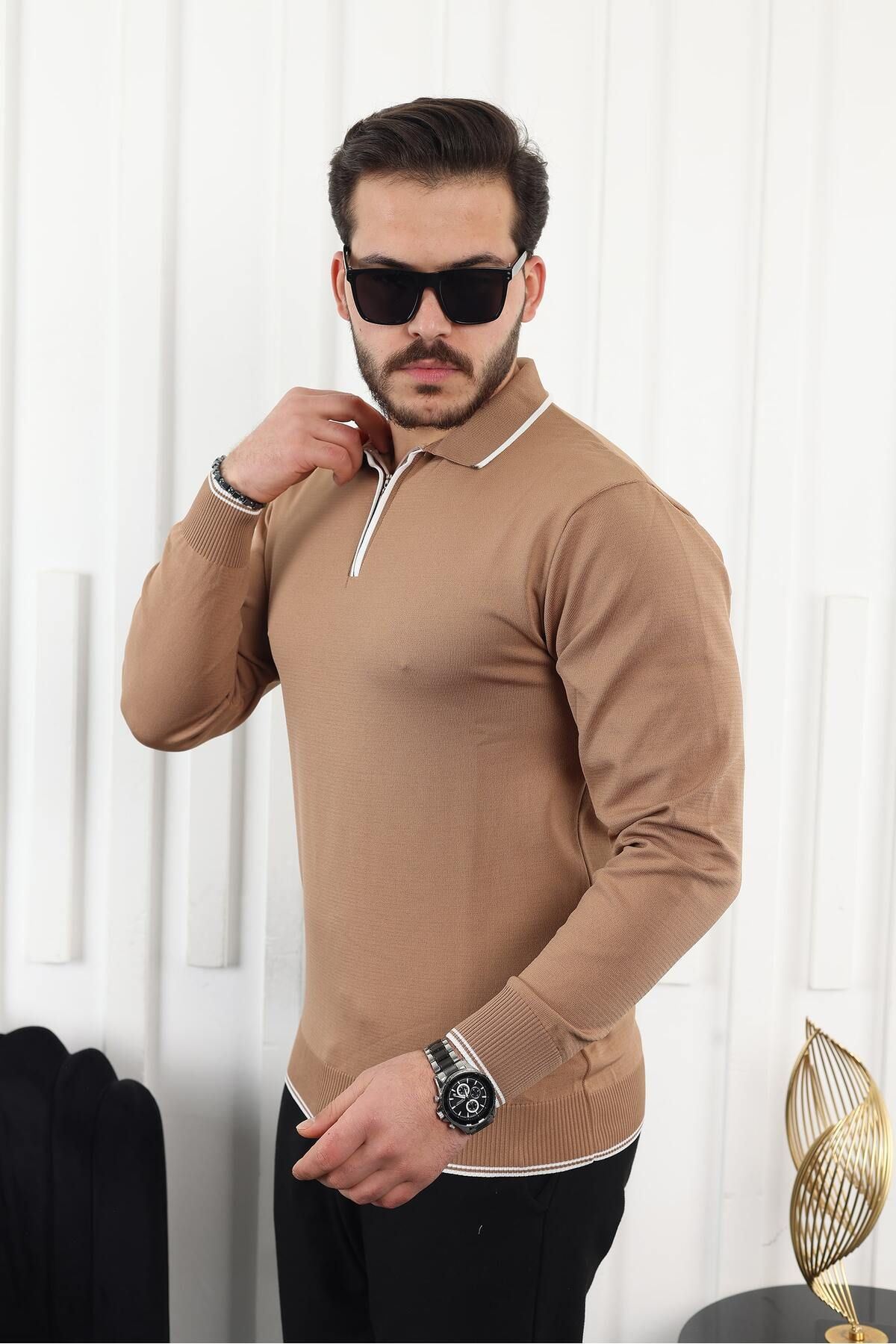 Fermuar Yaka Çizgi Detaylı Erkek Kazak