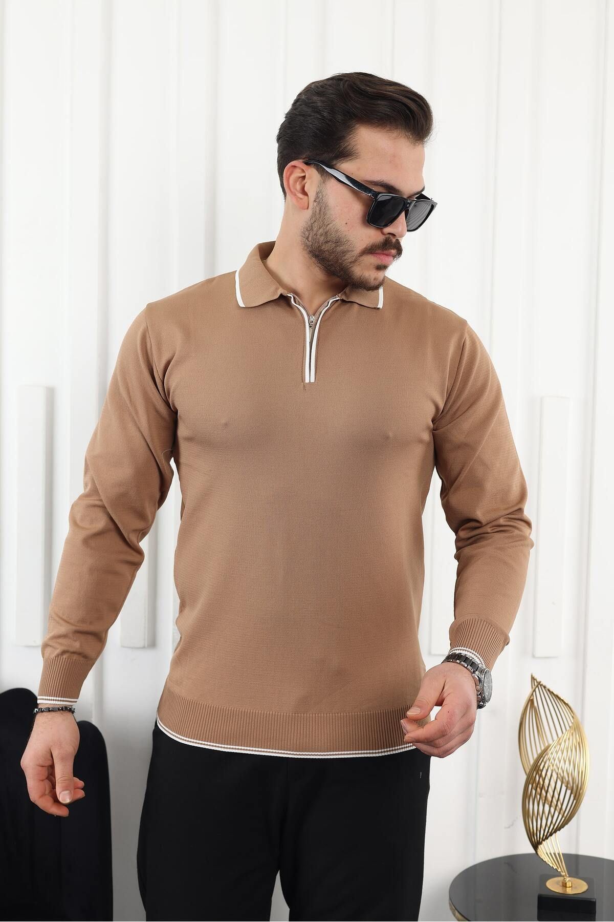 Fermuar Yaka Çizgi Detaylı Erkek Kazak