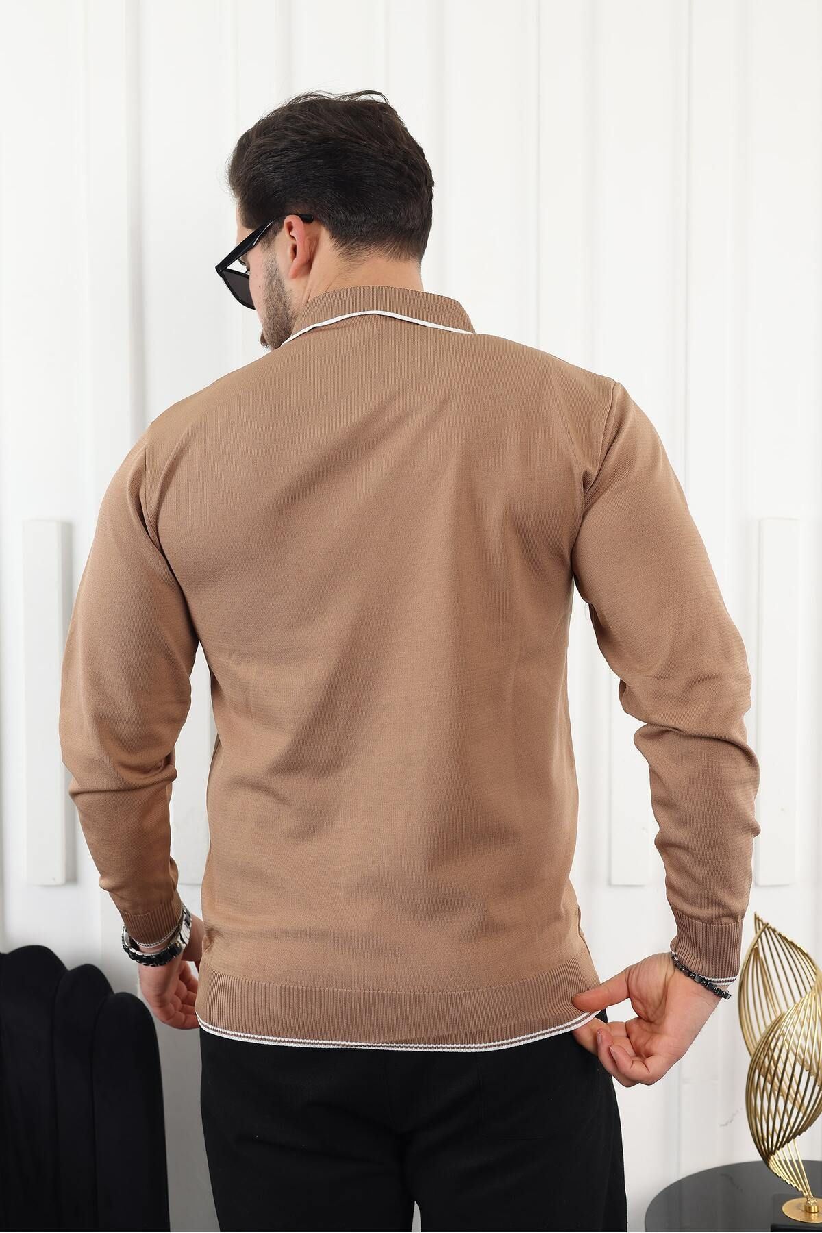 Fermuar Yaka Çizgi Detaylı Erkek Kazak