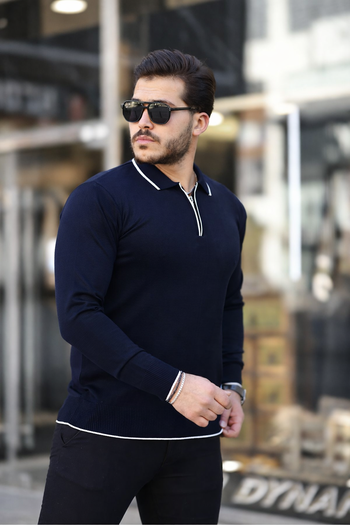 Fermuar Yaka Çizgi Detaylı Erkek Kazak