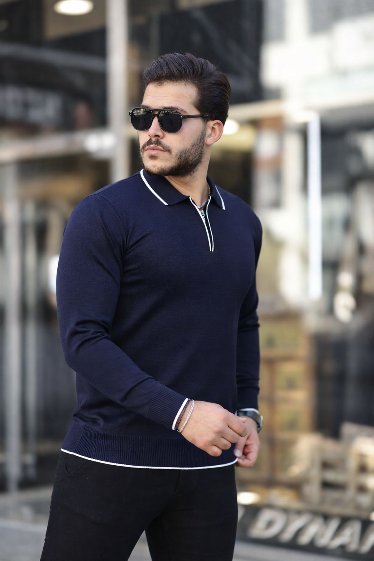 Fermuar Yaka Çizgi Detaylı Erkek Kazak