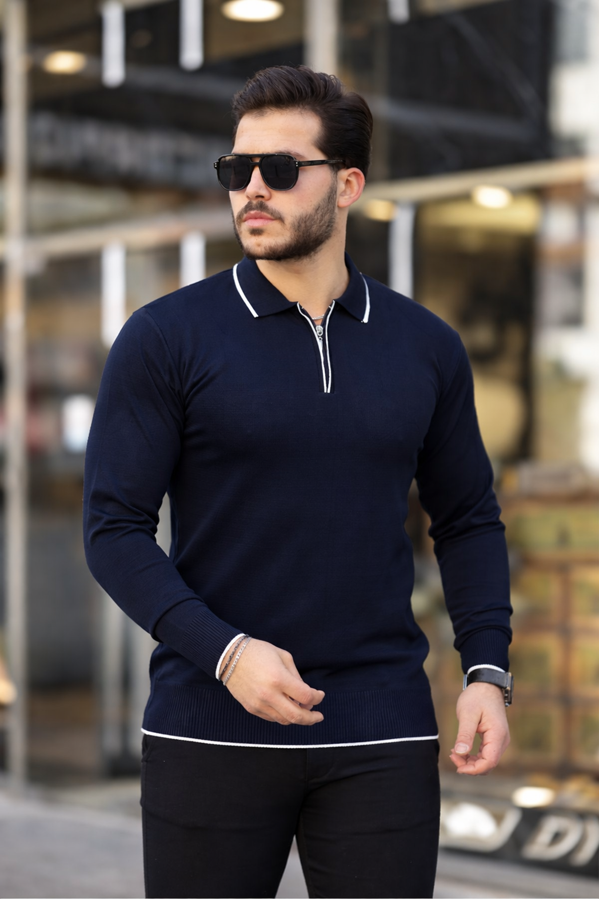 Fermuar Yaka Çizgi Detaylı Erkek Kazak