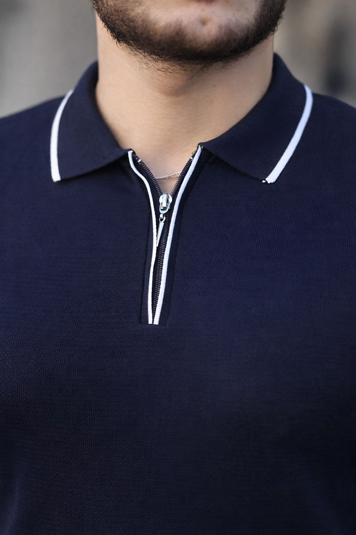 Fermuar Yaka Çizgi Detaylı Erkek Kazak