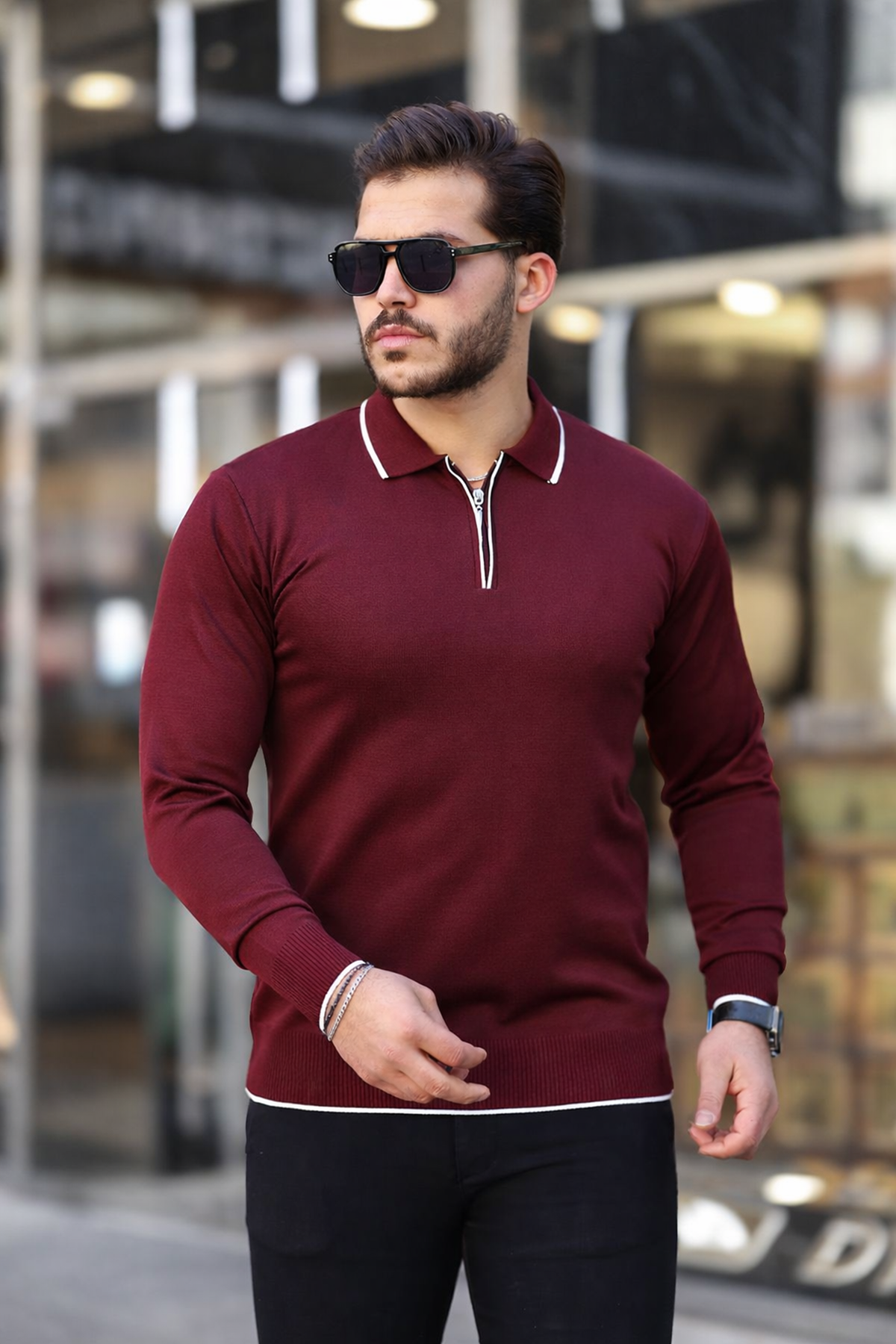 Fermuar Yaka Çizgi Detaylı Erkek Kazak