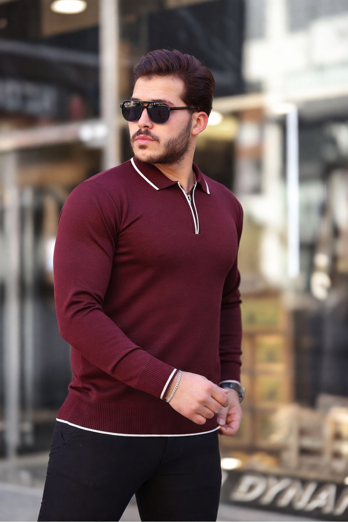 Fermuar Yaka Çizgi Detaylı Erkek Kazak