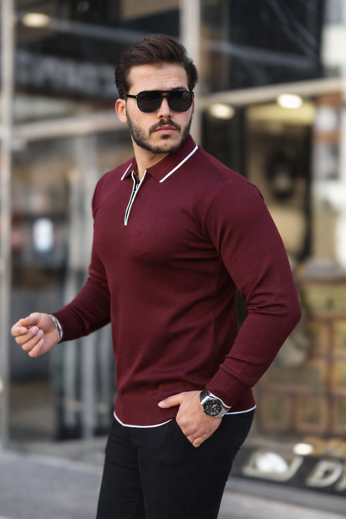 Fermuar Yaka Çizgi Detaylı Erkek Kazak