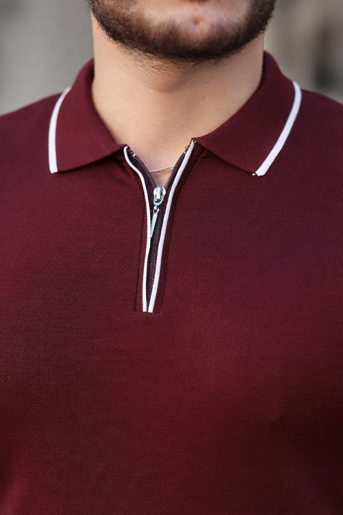 Fermuar Yaka Çizgi Detaylı Erkek Kazak