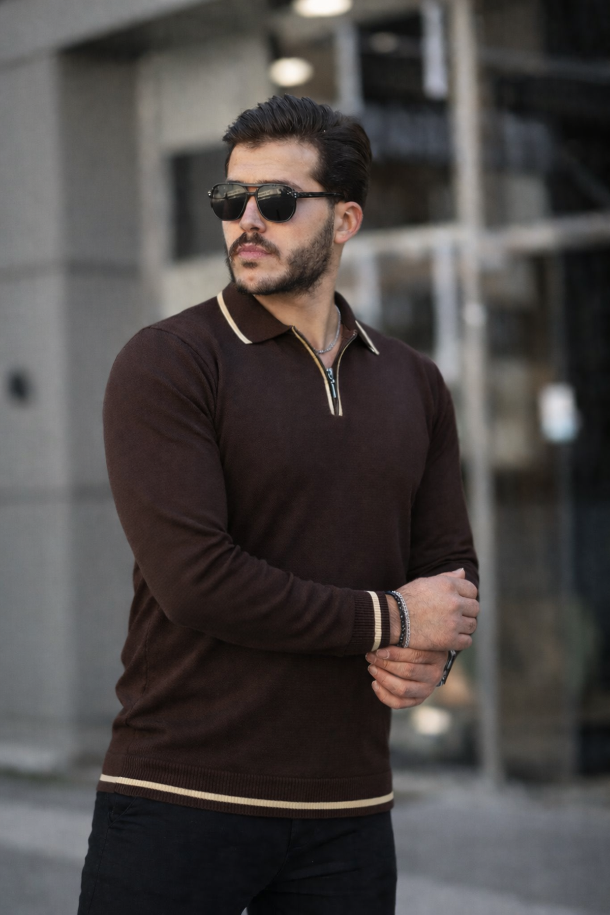 Fermuar Yaka Çizgi Detaylı Erkek Kazak