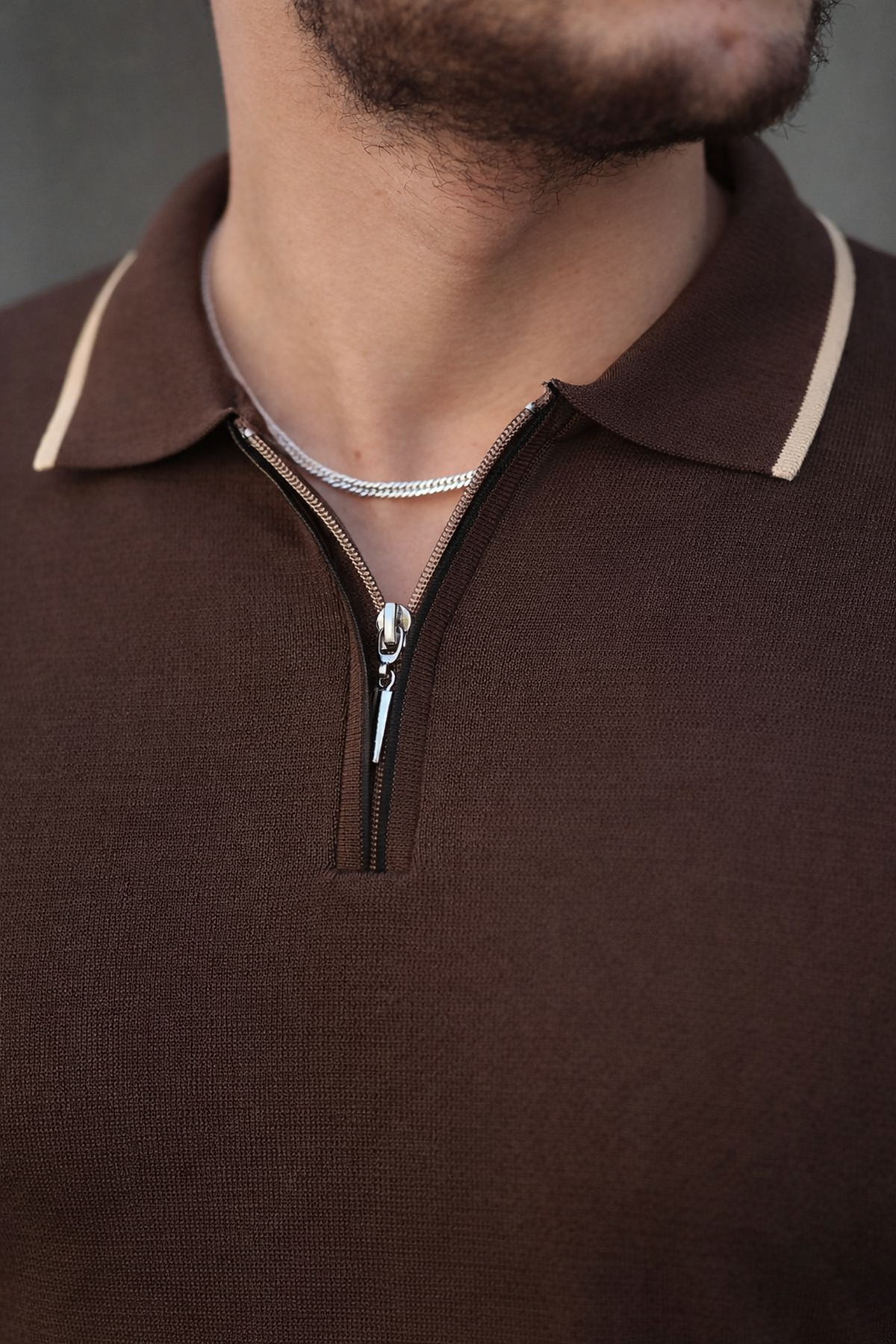 Fermuar Yaka Çizgi Detaylı Erkek Kazak