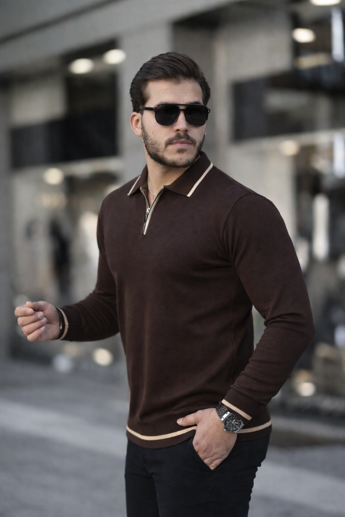 Fermuar Yaka Çizgi Detaylı Erkek Kazak