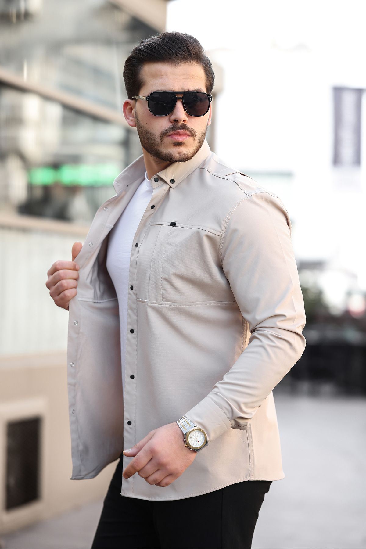 Erkek Gizli Cep Paraşüt Kumaş Gömlek