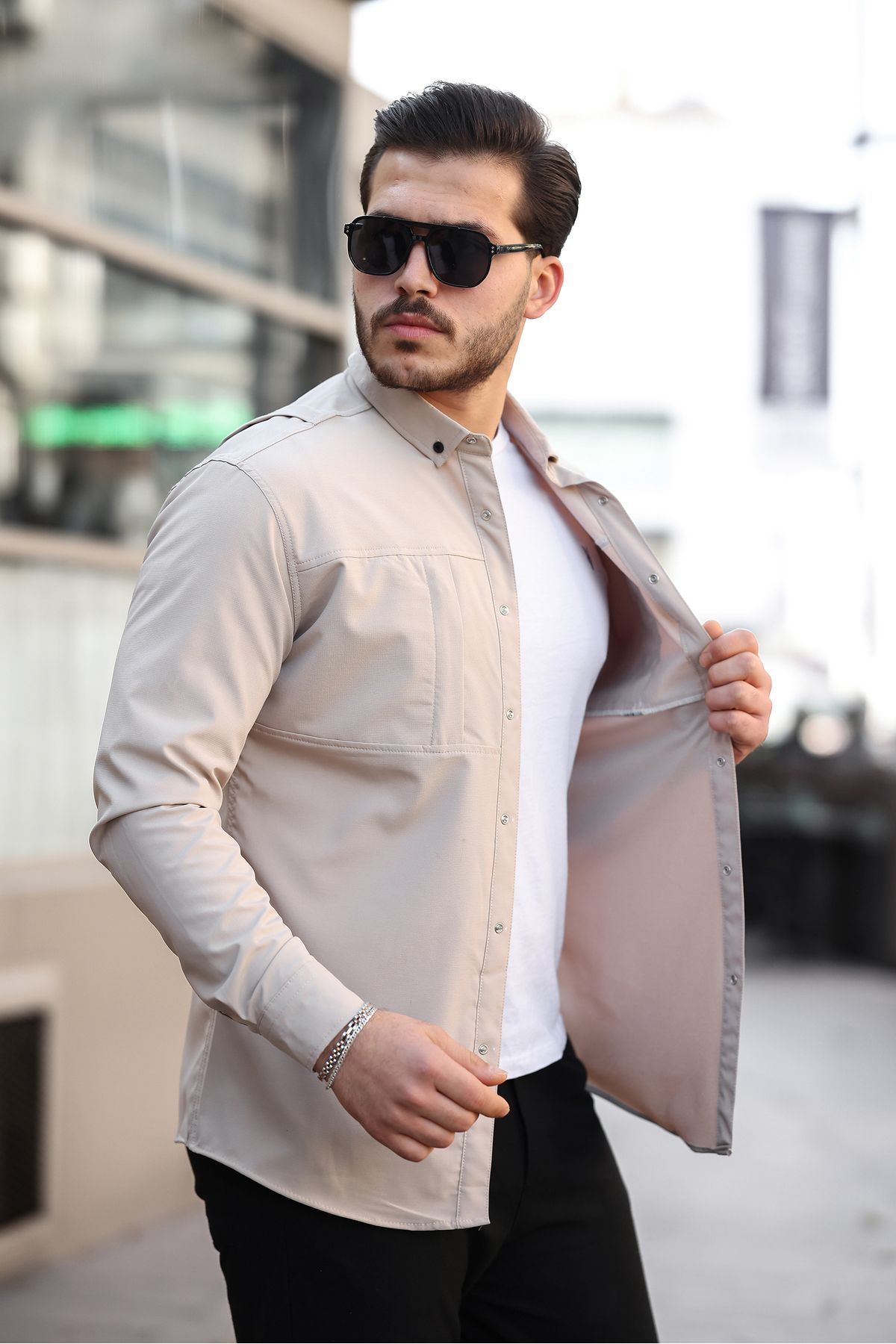 Erkek Gizli Cep Paraşüt Kumaş Gömlek