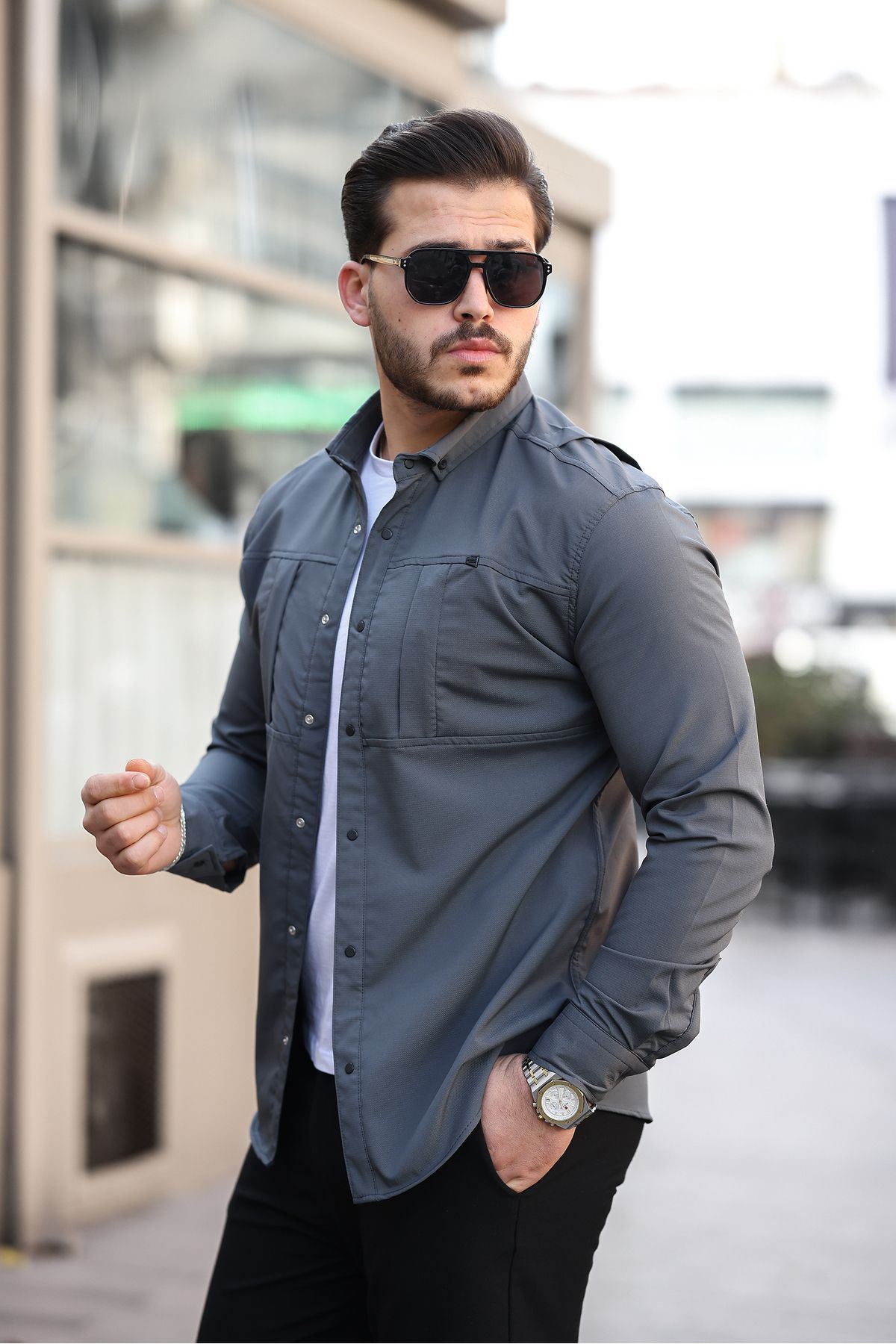 Erkek Mevsimlik Trend Gizli Cep Paraşüt Antrasit Gömlek