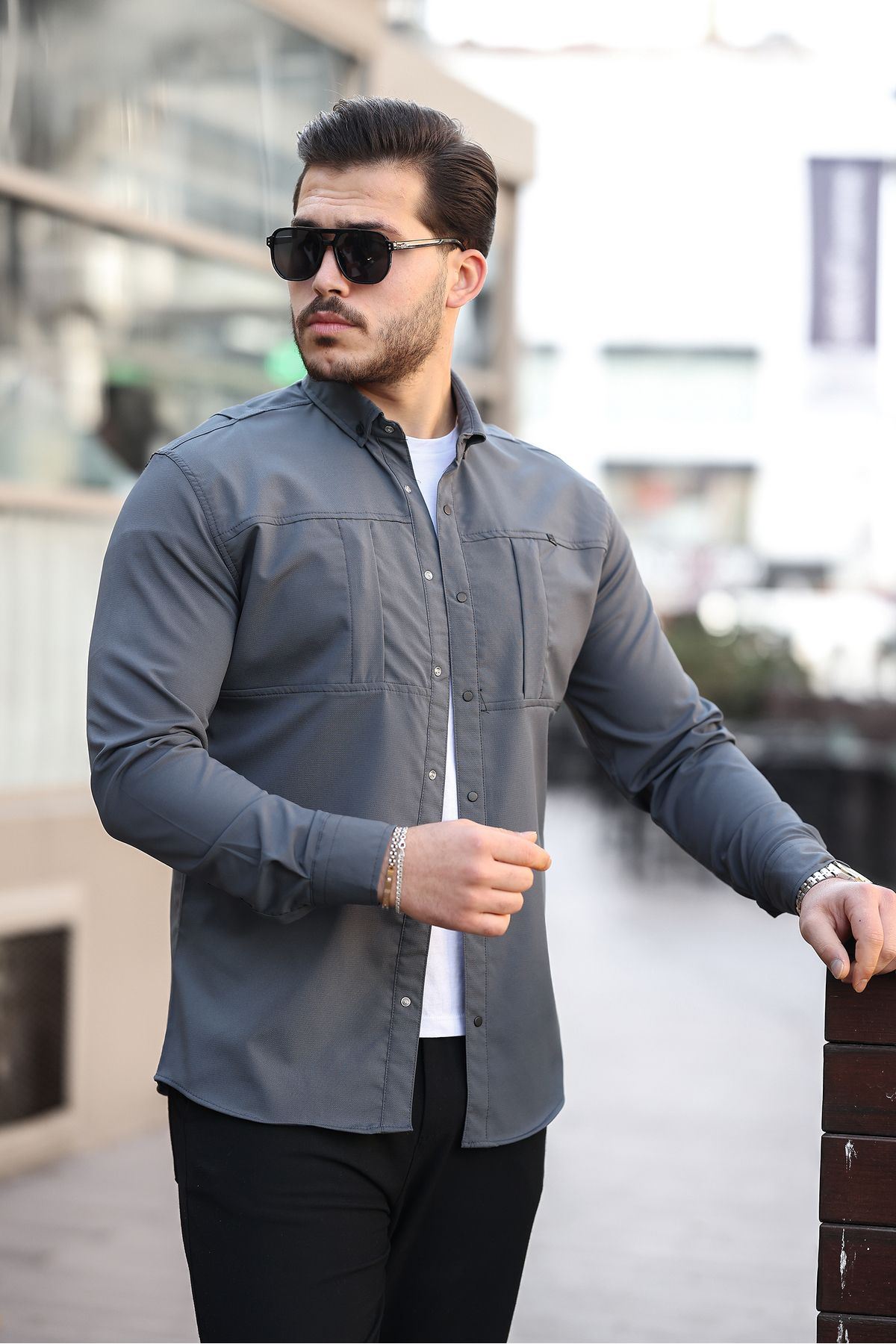 Erkek Mevsimlik Trend Gizli Cep Paraşüt Antrasit Gömlek