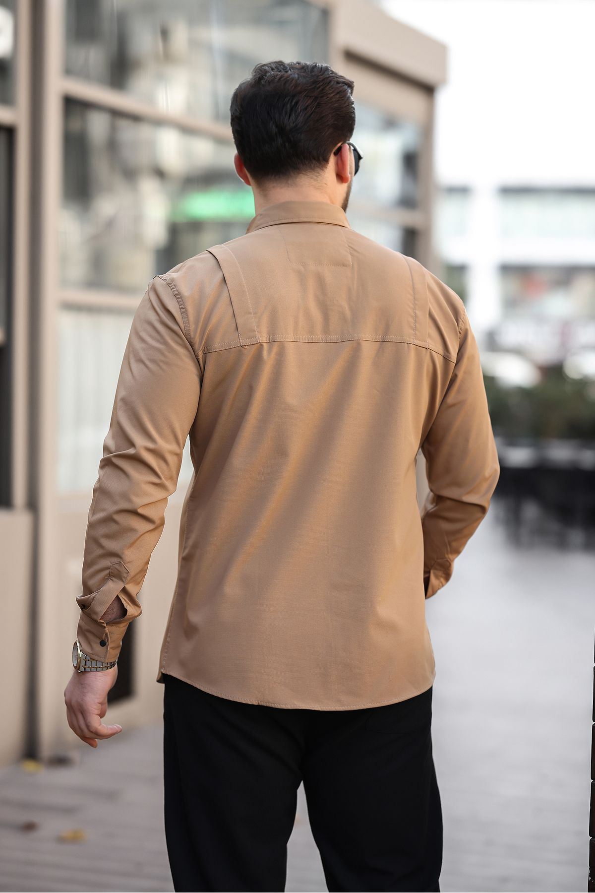 Erkek Mevsimlik Trend Gizli Cep Paraşüt Kahve Gömlek