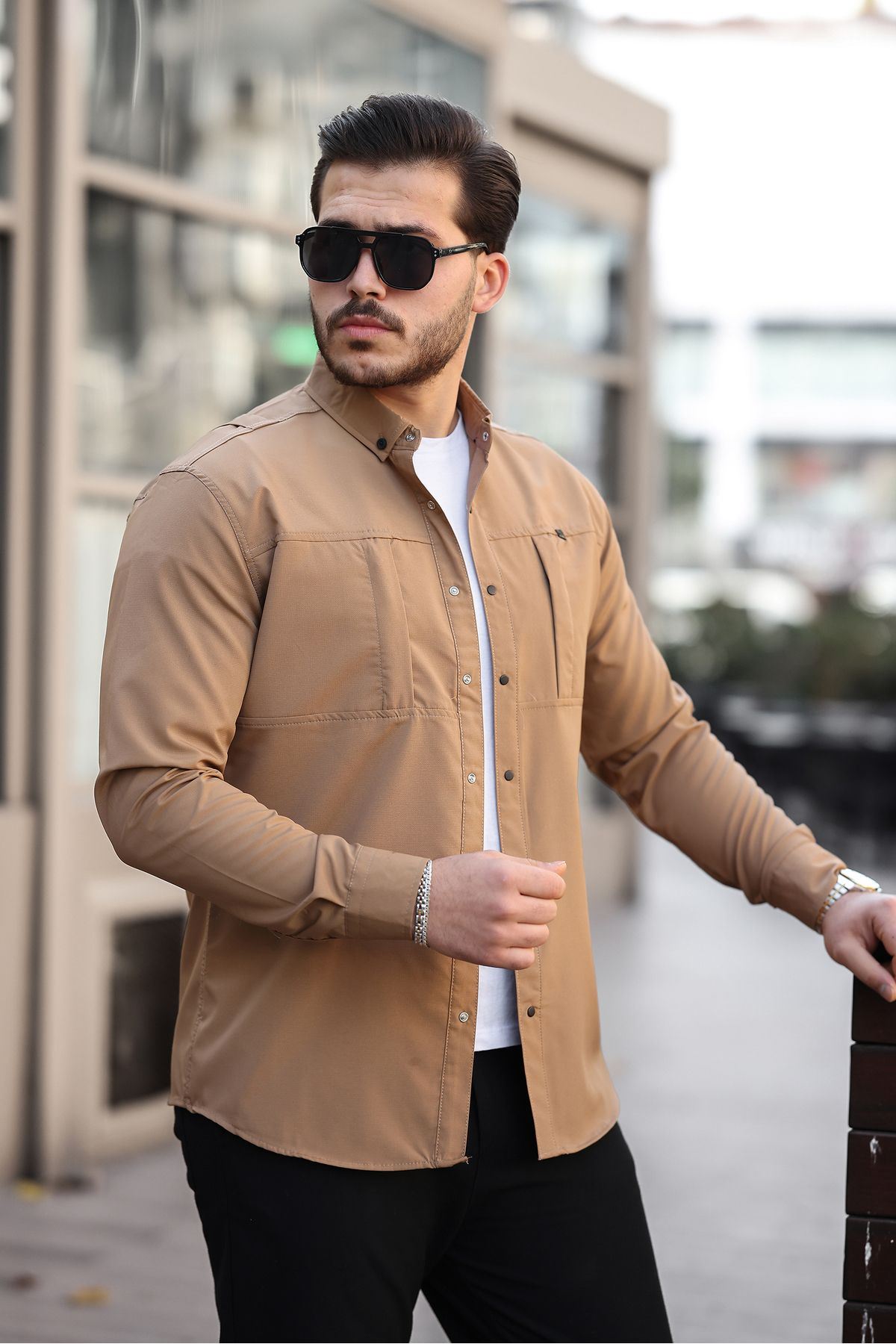Erkek Mevsimlik Trend Gizli Cep Paraşüt Kahve Gömlek
