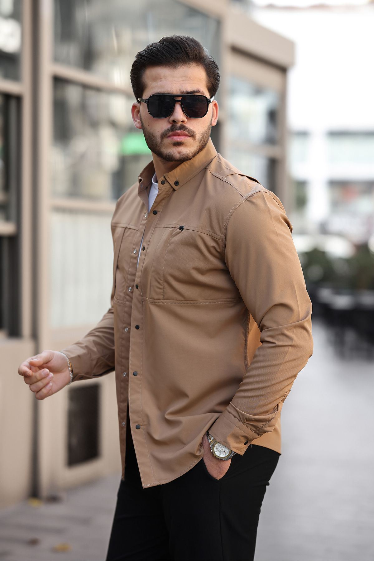 Erkek Mevsimlik Trend Gizli Cep Paraşüt Kahve Gömlek
