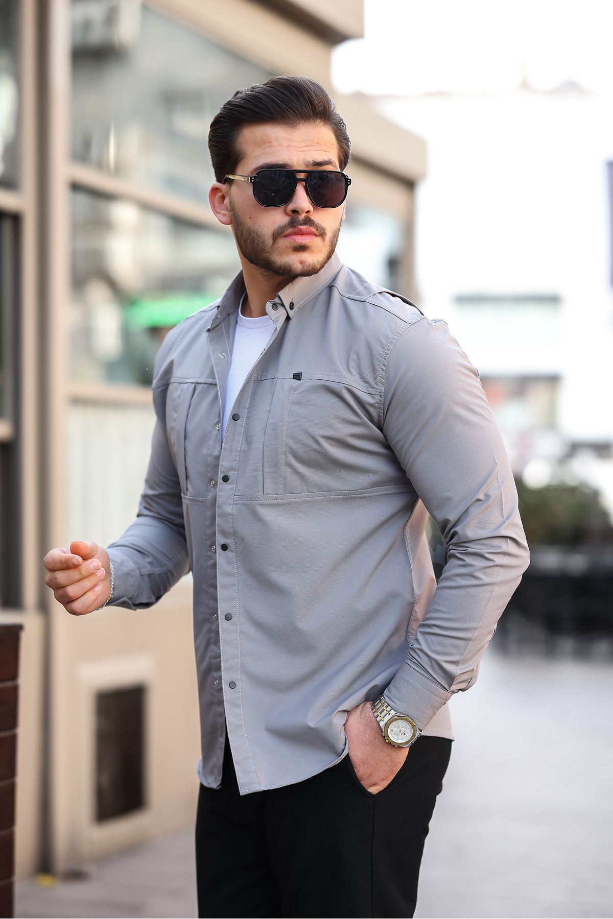 Erkek Gizli Cep Paraşüt Kumaş Gömlek
