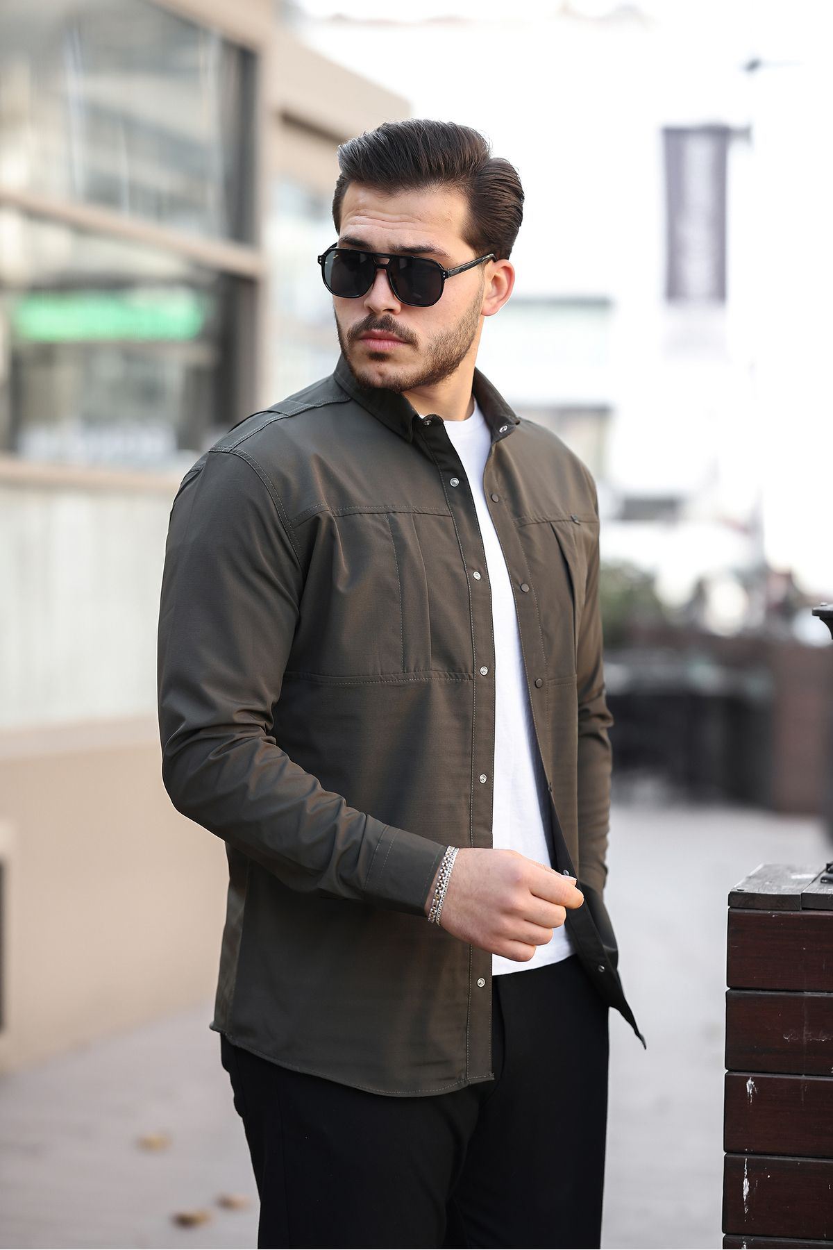 Erkek Mevsimlik Trend Gizli Cep Paraşüt Haki Gömlek