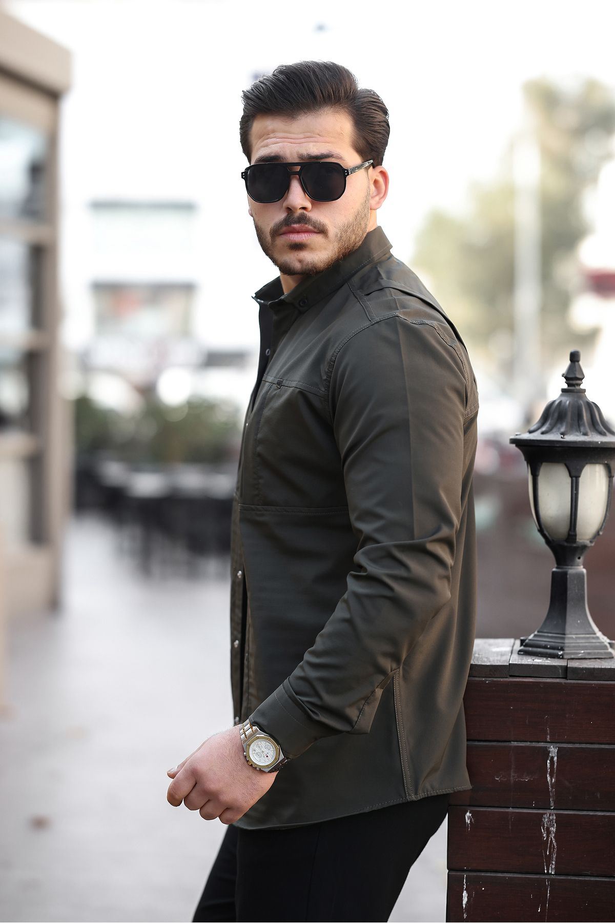 Erkek Mevsimlik Trend Gizli Cep Paraşüt Haki Gömlek